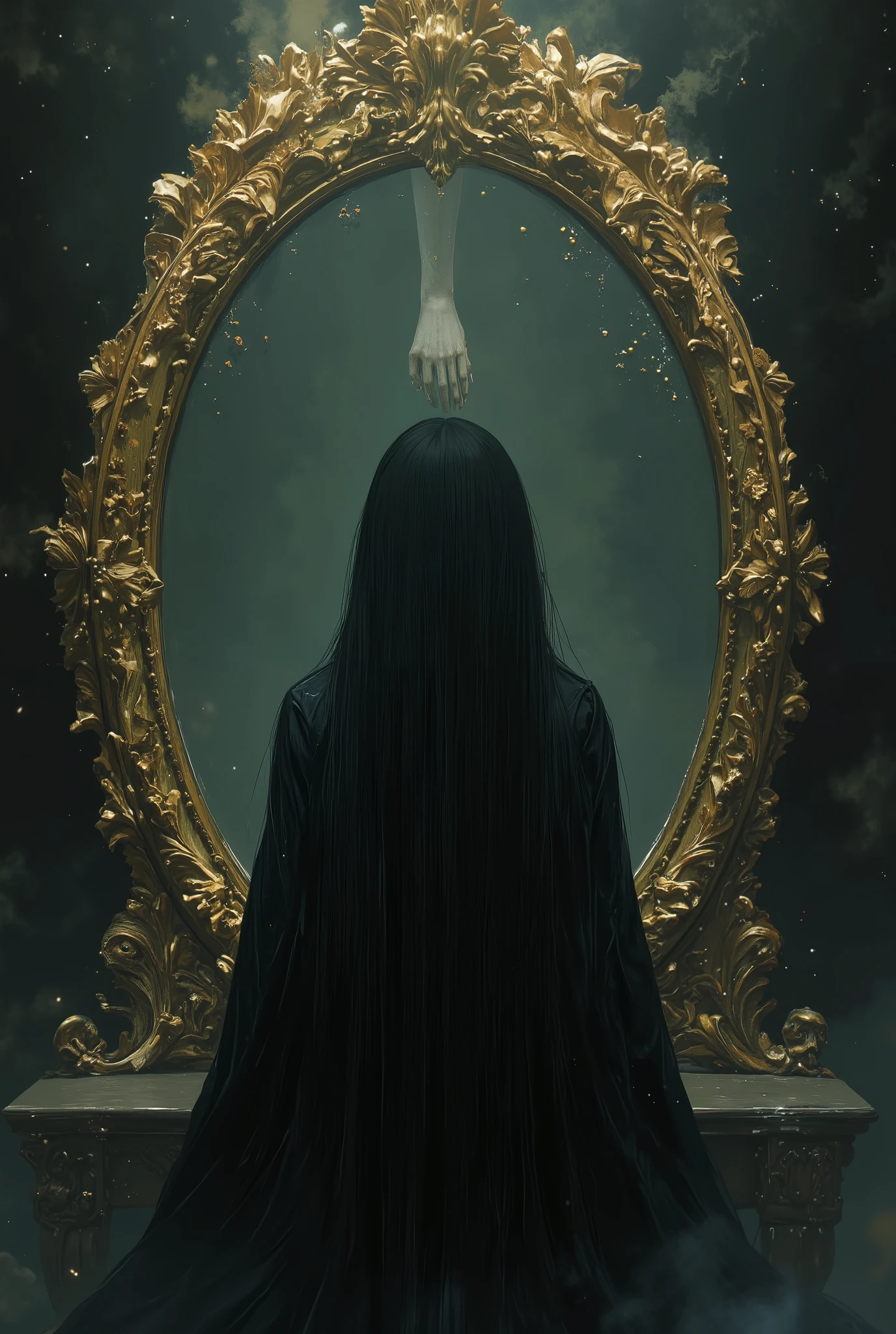 1girl, looking at the mirror, sitting, the death reflection, golden circle frame floral carved mirror, long black hair, mystical elemental, ethereal, dark smoke surrounded, dramatic light, creepy scene, crisp, terrifying, dimmed light, a hand bone emerged from the mirror, super detailed, UHD, 8k, epic realism, fantasy art, photo art. wear jjt black wizard robe