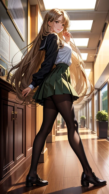 highest quality,masterpiece,8k,1girl,medium breasts,orgasm,blush, sweat,mini skirt,lift skirt,upskirt,white panties,Mizuki Yukikaze,hair ribbon, green shirt, serafuku, white neckerchief, long sleeves, pleated skirt, black skirt, black thighhighs, loafers