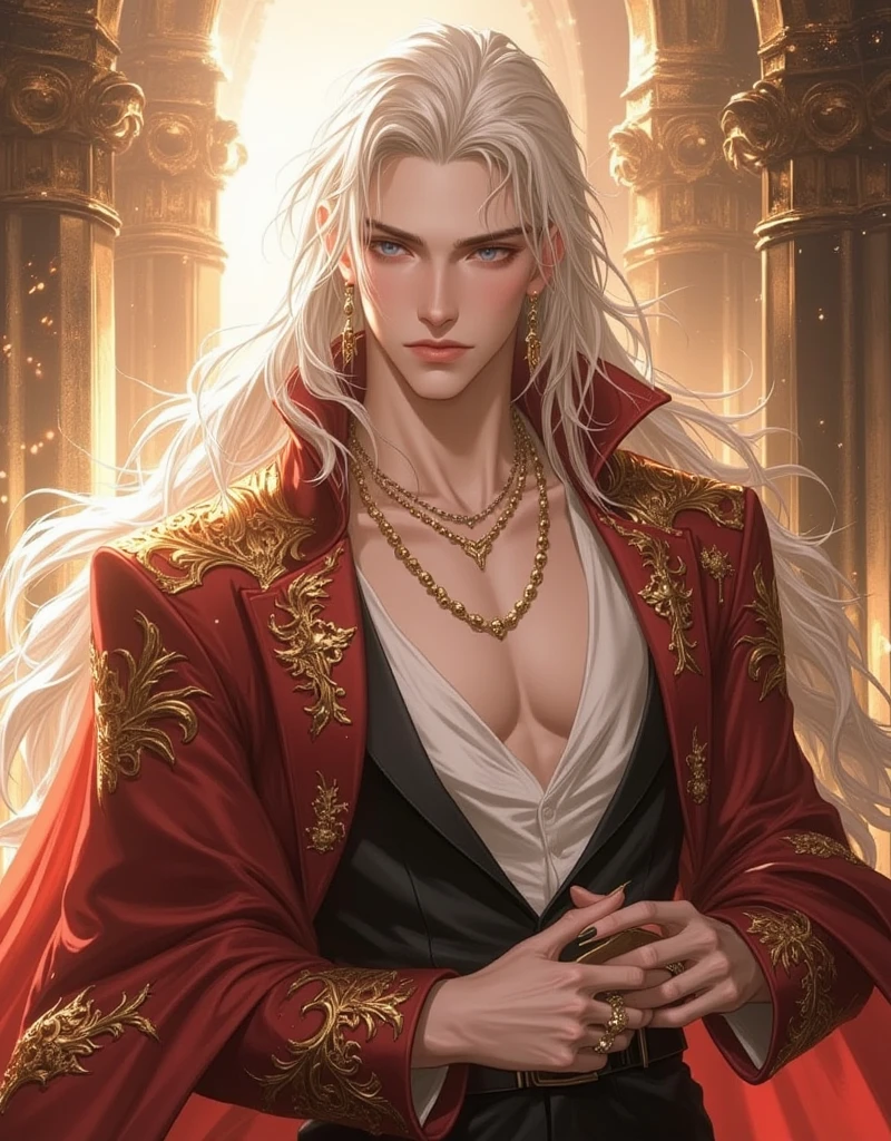 masterpiece, highest quality, (solo focus), (perfect face:1.1), (high detail:1.1),dramatic, 1guy, (pale skin), long white hair, white eyes, [light eyebrows], solo, long hair, moon, night, white luxury suit, covered navel, pouty lips, (beauty marks),  palace, detailed background, art by artgerm and greg rutkowski,  cinematic lighting, roses, suggestive