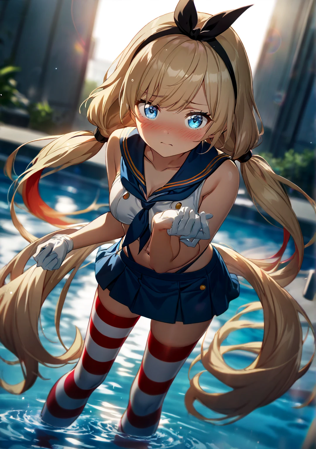 Backgrounds are school pool, hair raking, deep water pool, background focus, heart cut out sailor suit, fusion of sailor suit and lingerie, rabbit ears, thick eyebrows, female brat, small, pigtails, beautiful blonde, braid, (masterpiece), ((best quality)), (super detailed), full body anime girl, clean and detailed face, beautiful eyes in high resolution, five fingers, textile shading, Perfect human structure, perfect anatomy,