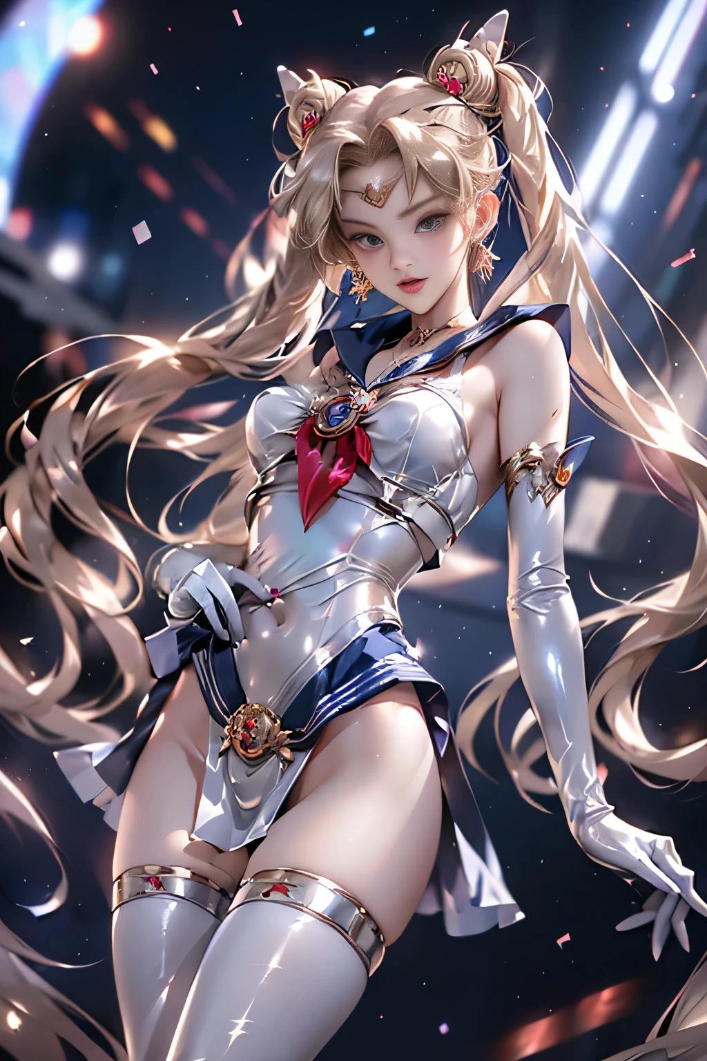 masutepiece, full: 1.3, to stand, 8K, 。.。.3D, Realistic, Ultra Micro Photography, of the highest quality, Wallpapers with extreme details CG Unity 8K, From below, Intricate details, (NSFW:1.2),(1 female), 28 years old, (meishaonv,Sailor Moon,tiarra, Sailor Senshi Uniform Sailor: 1.2, Sailor Moon: 1.2), Incredibly long bright twin-tailed blonde, Thin and very long straight twin tail blonde, Hair bun, Red round hair ornament in a hair bun, Sailor Senshi Uniform, Colossal tits, (Silver-blue color, blue sailor collar, Silver-blue ultra mini skirt in front of the gate: 1.3,Pants are visible,Super High Leg Swimsuit,  very large red bow on the chest,,,,: 1.3, Long white latex gloves: 1.3, Red gloves on the elbows, very large red bow behind the waist,,,: 1.1, cleavage looks bigger:1.2, a golden tiara, earrings), (Face Details: 1.5, Bright blue eyes, Beautiful face, Beautiful eyes, shiny eyes, thin lips: 1.5, thin and sharp pale eyebrows, long dark eyelashes, Double eyelashes), Luxurious Golden Jewelry, Thin, thin and muscular,,,,, a small face, Perfect proportions, thin waist, SEXY Model Pose, Visible Pore, Seductive smile, Perfect hands: 1.5, Very thin and fitting high gloss silver-white holographic leather, Octane Rendering, highly dramatic picture, Strong natural light, Sunlight, exquisite lighting and shadow, Dynamic Angle, Digital SLR, Sharp Focus: 1.0, Maximum clarity and sharpness, (Space background,Moon, dynamic background, Detailed background),(Rabbit, Double bun, Twin-tailed, Parted bangs, circlet, Jewelry, earrings, Choker, Red bow, White Gloves, elbow groves, blue skirt collar、a miniskirt、Gargantilla、Red bow、orangechoker、white glove、Very long hair、jewely、耳环、 Denim Throws、view from below、((intricate detailes))、They are smiling、、More detailed 8K。Unreal Engine:1.4,nffsw,best qualtiy:1.4, Photorealista:1.4, Skin Texture:1.4, masterpiece:1.8,masterpiece, better quality,object objects], (detailed facial features:1.3),(Destroyed apocalyptic city:1.4),( jennieBlackpink:1.4)C:1.4), 16K HDR,),sexypose,((Skirt soars)), ((White lace panties:1.2))(8K, RAW Photos, top-quality, masterpiece:1.2), (realisitic, Photorealsitic:1.37), 1Beautiful Japan High School Girl, perfect bodies, 20yryr, Sexy Girl Sailor Suit Costume, Medium Boob, (Light shines on your face and chest)、(((((underboob))))))、Under the breasts、oilly skin、skiny、 (Sexy uniform with a slight view of the underside of the chest)、(Lower milk is visible、Uniform that shows your belly button and ribs)、Super super mini skirt that shows your hipbones and lower abdomen、sensual face、provocative smiling、
),nffsw