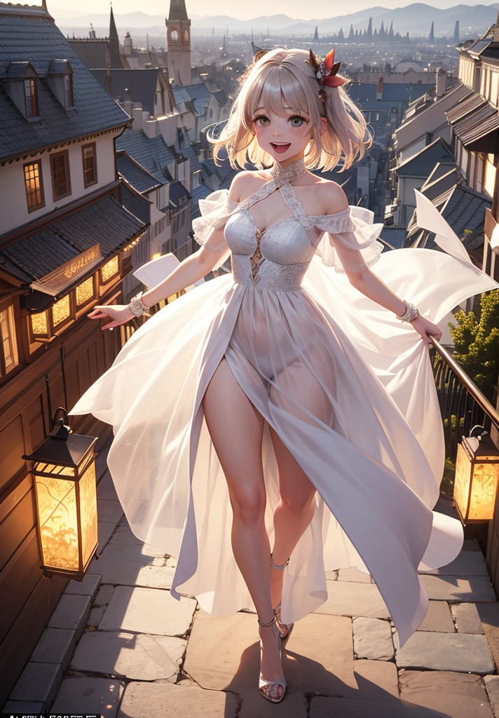 (High Detail:1.2) Anime girl, (Best quality, Detailed), Top quality, high resolution, perfect human structure, background focus, 10 years old, , 1girl, (solo), elf, little tall, small size, gold hair, short braids hair, yellow eyes, gold eyes, long pointed ears, smiling, blushing, tanned skin!, white dress, beautiful, flat chest!!!, dynamic pose, medieval town behind, (8k, vibrant colors, digital art, concept art)