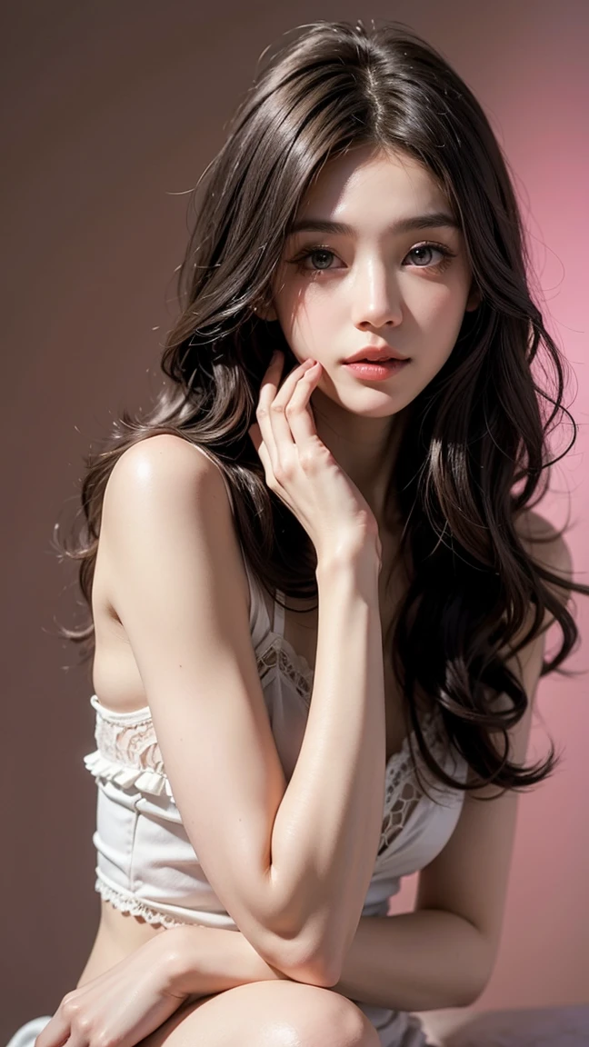 (nude)Wavy long hair, Brown Hair, One girl, Emerald Eyes, Shake with two fingers, Pink Lips, Pastel Green Dress,