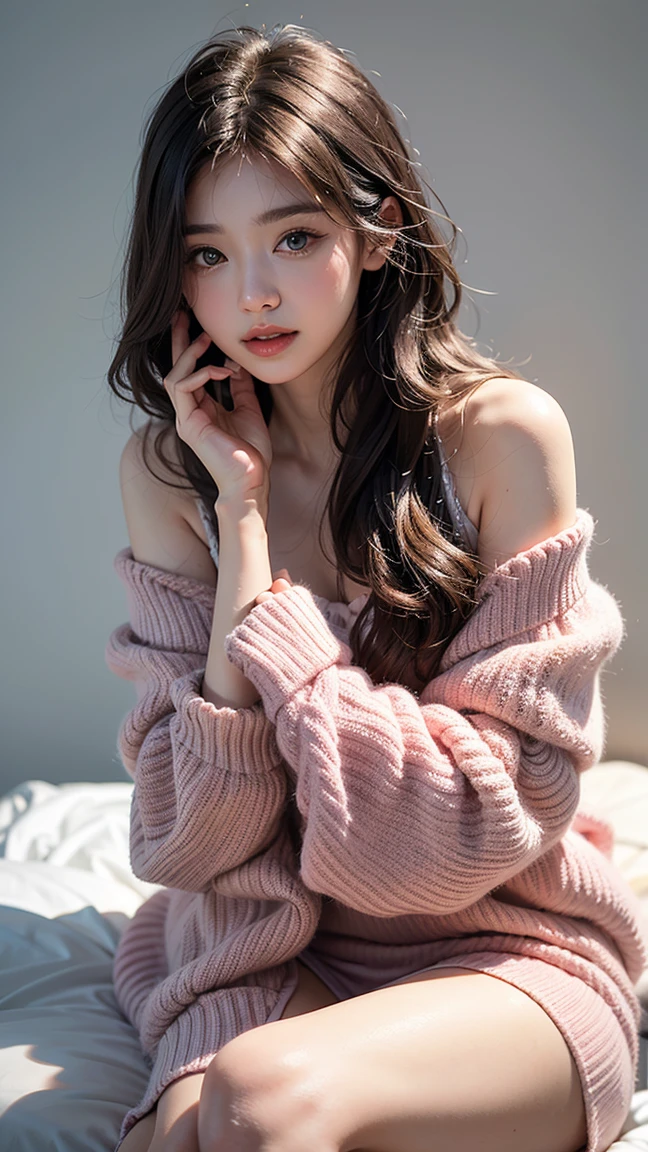 Best image quality、Raw photo、超A high resolution、21 year old Korean、、Dynamic Angle、Cowboy Shot、Chaos in its most beautiful form、elegant、Brutalist Design、Beautiful gray hair、Vibrant colors、Short Bob、smile、fun、smile、Glowing White Skin、Beautiful eyes with random colors、Very thin lips、Beautiful eyes in every detail、Long, narrow eyes、Pale pink blush、Long eyelashes、Beautiful double eyelids、eye shadow、Bright white hair、bed、large summer sweater、lie down、Cute pose、Full body shot、Full body shotする