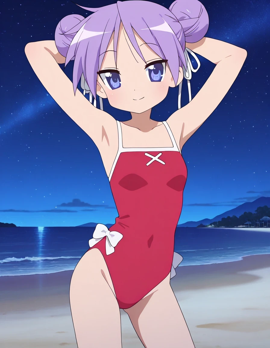 lskagami, red one-piece swimsuit, white hair ribbon, swimsuit, double hair bun, casual one-piece swimsuit, anime screencap, high quality, solo, cowboy shot, (contrapposto), hands behind head, closed mouth, smile, night sky, beach, looking at viewer, best quality,
