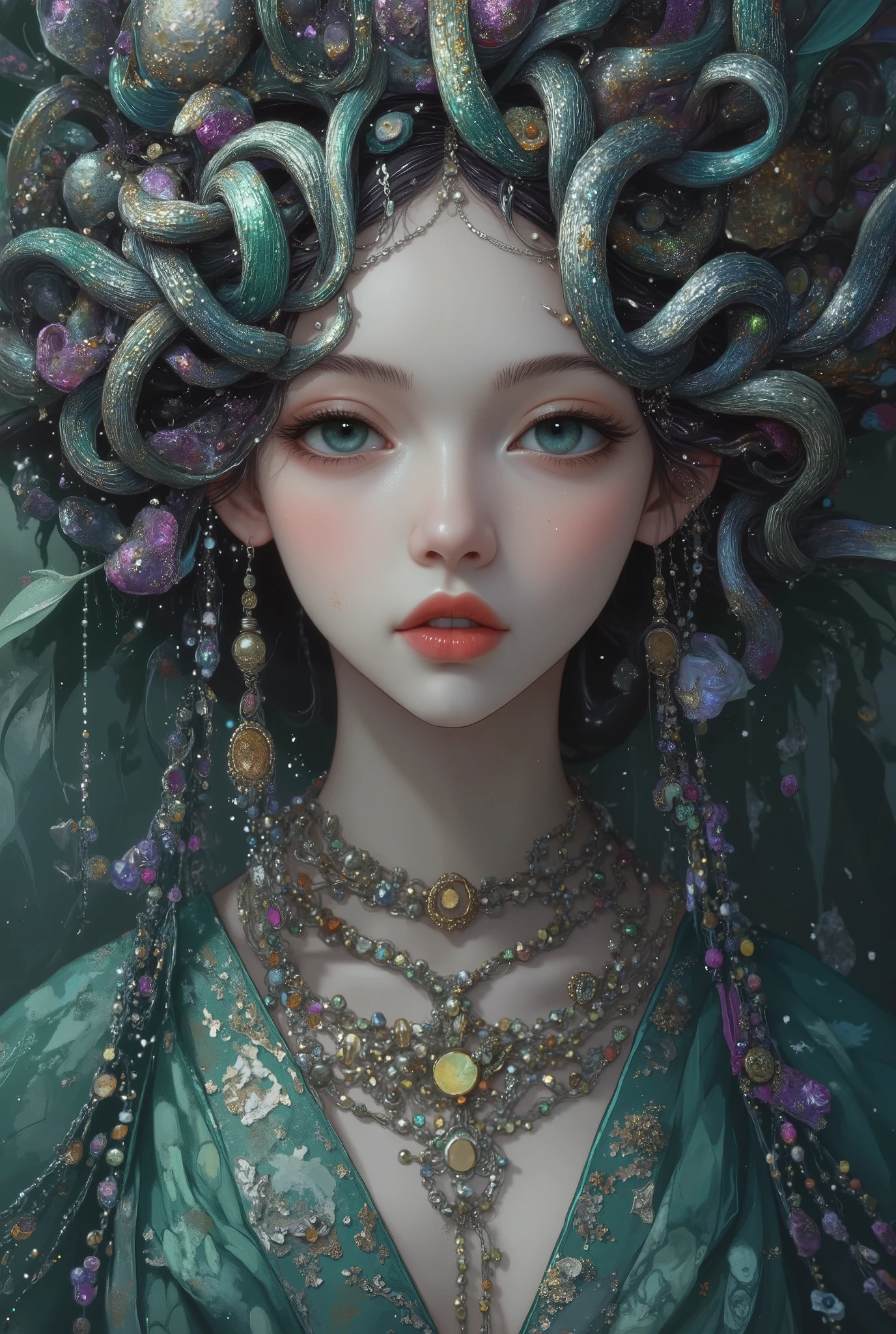 enchanting super beutiful medusa, with snakes hairs, colour silver snakes. soft naive eyes and face. middle closes photo. 8k quality pictures. wear green purple gaun