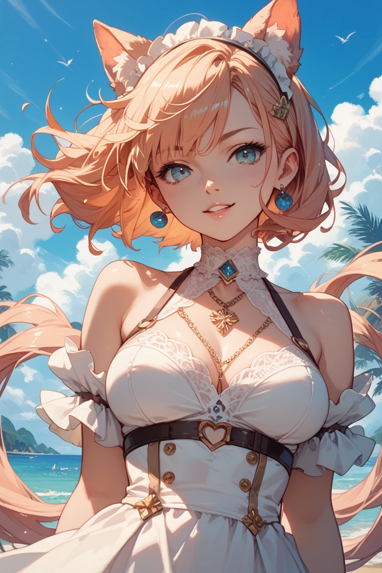 masterpiece, best quality, sunset, sea, bishoujo, loli, blue eyes, breasts, medium breasts, one breast out, sexy lingerie, no legwear, chains, shirt lift, breast_grab,