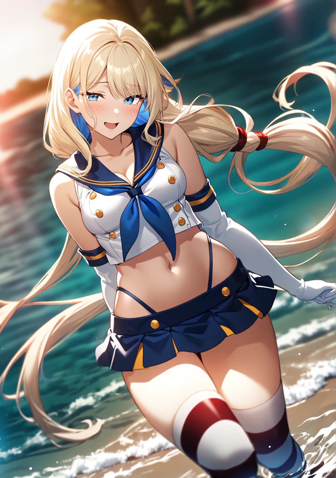 masterpiece, best quality,  <lora:barbara:1>,sky,sea,beach,1girl,barbara \(genshin impact\),smile,official alternate costume, choker,sailor hat,hat flower,blue eyes,blonde hair,twintails,blue one-piece swimsuit,, ,yellow bow,detached sleeves,animal bag,blue sailor collar,striped bow,bare shoulders,thigh strap
