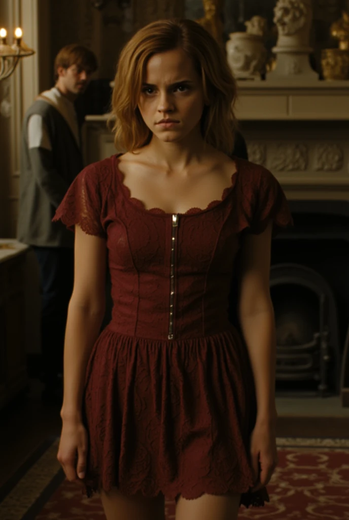 Emma watson, gryffindor uniform, holding bdsm whip, top unbuttoned, tight top, holding dildo 