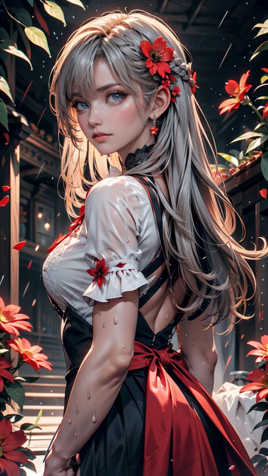 ((highest quality)),(ultra high resolution),(Super detailed),(detailed description),((best CG)),(best work of art),super precision art, great drawing art,(Art with precise details:1.5), (1 young girl:1.5), beautiful and well-shaped face:1.5,(Beautiful skin with precise and detailed depiction:1.6),(sleeveless halter neck crop shirt, knee length gym shorts ),gorgeous, masterpiece, best quality, high-resolution, finely detailed, extremely detailed and beautiful, distinct-image, 1 girl, 16 year old teenager, solo, soft facial features, symmetrical shaped face. plump cherry red lips, lightly tanned white skin. red and white-colored eyes, F-cup breasts, short height(150cm), short stack body type, waist length red-white hair, small narrow waist, long and slender legs, curvy wide hips, elegant gothic courtyard setting