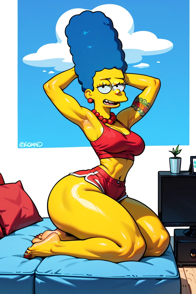 marge simpson, blue hair, red necklace, medium breasts, colored skin, yellow skin, green bikini, angry, high heels, visible feet,sexy ,tétons
Debout