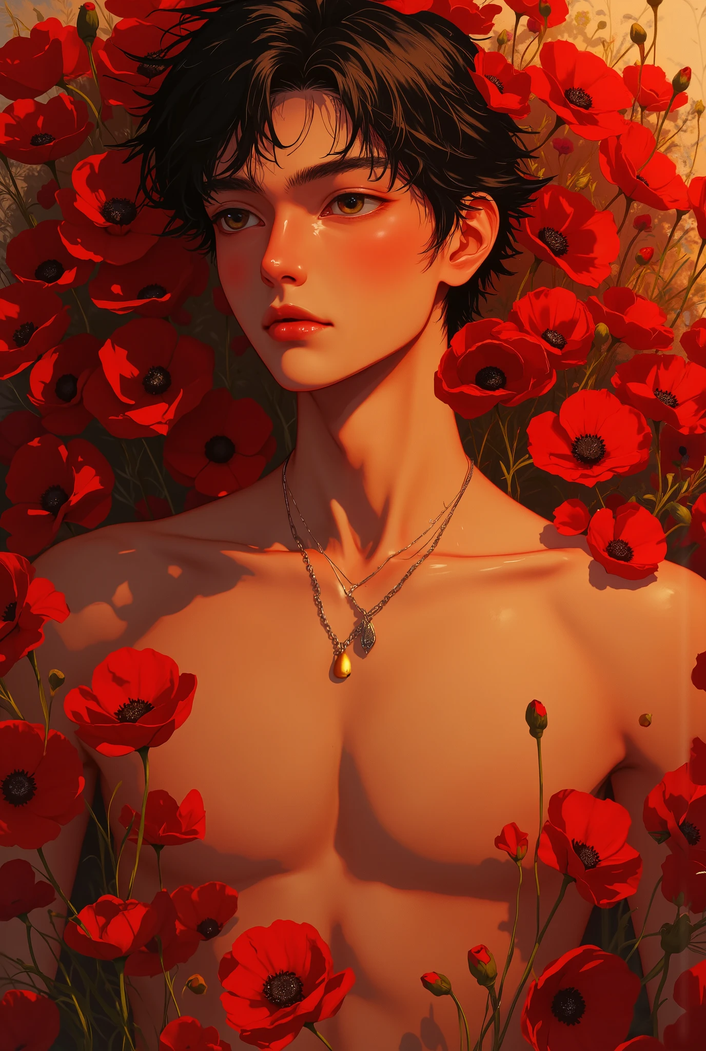 (photorealism:1.2)A hyper-realistic portrait of an incredibly handsome man embodying the allure and symbolism of poppies, exuding passion, mystery, and a dreamlike presence. His pale yet radiant skin is flawless, with lifelike texture that enhances his natural beauty. His deep, mesmerizing eyes captivate all who gaze upon him, evoking a sense of longing and fascination. His soft, full lips are subtly seductive, enhancing his magnetic charm. His toned, shirtless physique reveals defined abs and a lean, enticing build, radiating effortless allure. His expression is one of quiet intensity, blending confidence with a sense of enigma. Surrounding him are vibrant red poppies, their delicate petals symbolizing beauty, remembrance, and desire. The flowers weave around him, contrasting vividly with his glowing skin and adding to the scene's dreamlike quality. The lighting is warm and golden, casting gentle highlights that enhance every detail of his form and the vivid reds of the poppies. Created in 8k resolution, masterpiece quality, ultra-detailed rendering, and HD realism, the image captures the perfect harmony between the man’s striking features and the evocative symbolism of poppies.
CFG Scale
5
Steps