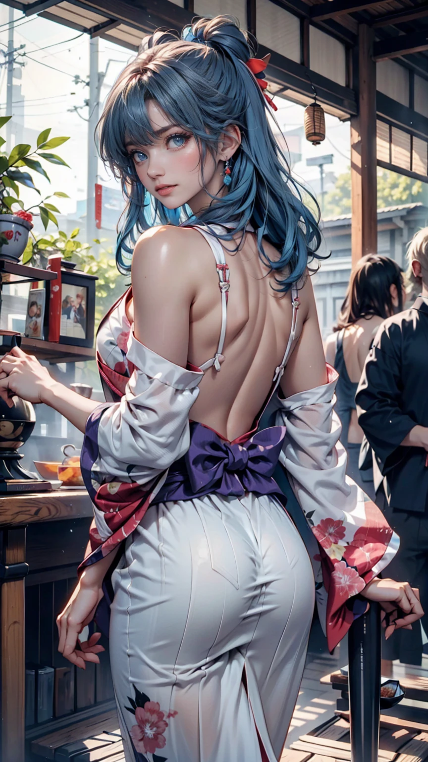girl, arm flowers sleeve tattoo, japanese, blue hair, --auto