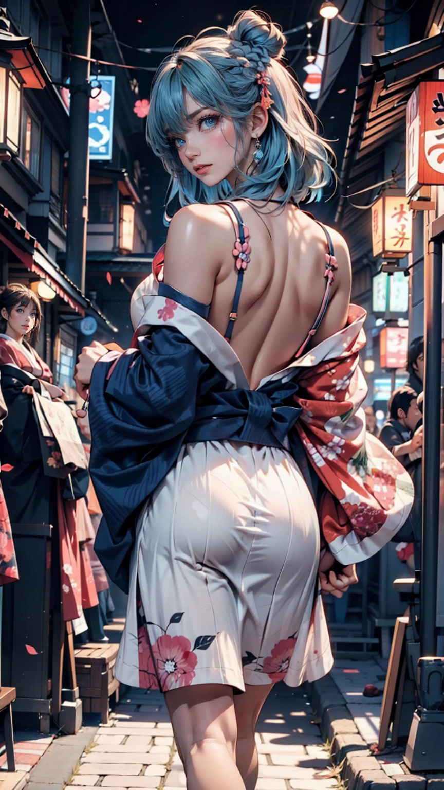 (photorealistic:1.8, highest quality:1.8,8K masterpiece:1.8,High resolution,muste piece:1.8,RAW Photos,cinematic lighting),No split screen, (1 android girl:1.3)、Completely naked、full body tattoo、choker、beautiful breasts、Nipple piercing、kimono、Furisode、beautiful butt,beautiful thighs,plump nipples、Nipples are visible through the costume,cameltoe,Body painting with a pop design drawn all over the body、pop art design、cutting edge fashion、conceptual art、(Beautiful shining green orange blue black and white hair:1.5)、Disdainful、(back view、back pose:1.3)