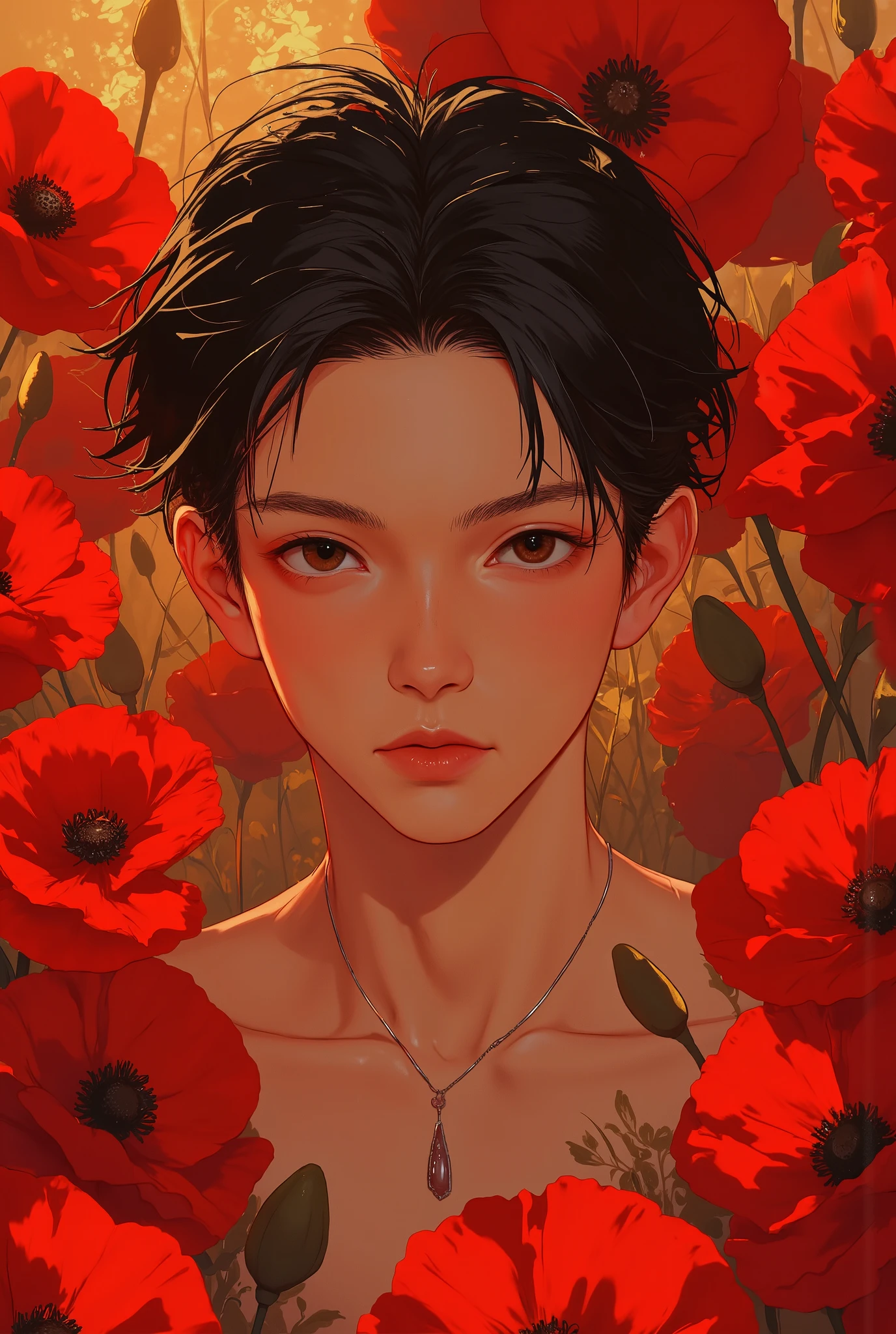 (photorealism:1.2)A hyper-realistic portrait of an incredibly handsome man embodying the allure and symbolism of poppies, exuding passion, mystery, and a dreamlike presence. His pale yet radiant skin is flawless, with lifelike texture that enhances his natural beauty. His deep, mesmerizing eyes captivate all who gaze upon him, evoking a sense of longing and fascination. His soft, full lips are subtly seductive, enhancing his magnetic charm. His toned, shirtless physique reveals defined abs and a lean, enticing build, radiating effortless allure. His expression is one of quiet intensity, blending confidence with a sense of enigma. Surrounding him are vibrant red poppies, their delicate petals symbolizing beauty, remembrance, and desire. The flowers weave around him, contrasting vividly with his glowing skin and adding to the scene's dreamlike quality. The lighting is warm and golden, casting gentle highlights that enhance every detail of his form and the vivid reds of the poppies. Created in 8k resolution, masterpiece quality, ultra-detailed rendering, and HD realism, the image captures the perfect harmony between the man’s striking features and the evocative symbolism of poppies.
CFG Scale
5
Steps
