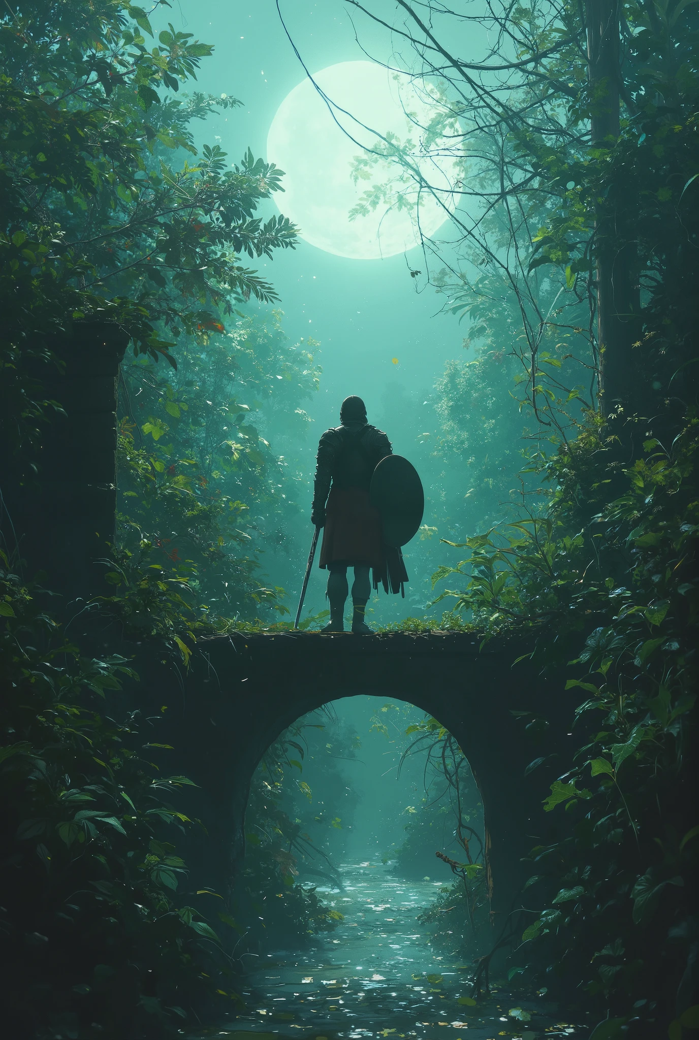 (( we are standing on an ancient stone bridge over the ditch , under the bridge, the water glitters through the fog )) In front of us : ( with his back to us is a warrior in heavy knight armor ,) with a long sword in the right hand and a large iron shield in the left hand), from the far end of the bridge, out of the witchcraft greenish-gray fog, terrible zombies run out to meet us (13th century zombie wars ),epic scene , the moon swings through the fog , the glitter of sword steel war ,