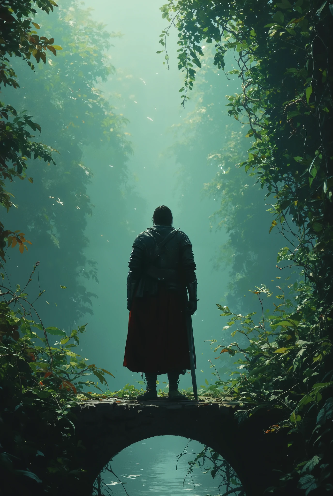(( we are standing on an ancient stone bridge over the ditch , under the bridge, the water glitters through the fog )) In front of us : ( with his back to us is a warrior in heavy knight armor ,) with a long sword in the right hand and a large iron shield in the left hand), from the far end of the bridge, out of the witchcraft greenish-gray fog, terrible zombies run out to meet us (13th century zombie wars ),epic scene , the moon swings through the fog , the glitter of sword steel war ,
