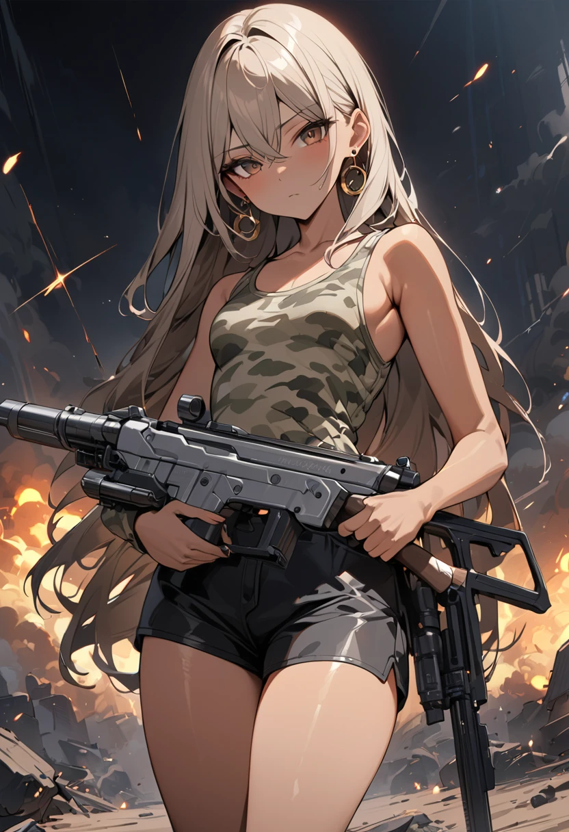 Gun action scene、explosion、Urban Warfare、Gunfight、((masterpiece, highest quality:1.3)),cowboy shot,20 year old beauty,solo,((very small head)),long body,dark blue hair,long hair,black eyes,bangs,medium breasts,,slender body,skinny,shiny skin,oily skin,Serious expression,White tight tank top、Crop length、navel、Denim micro mini shorts、GUNBELT,military vest,equipped with automatic rifle、(((Firing stance、Shoot a gun)))、on street、Ruined Tokyo、Exploding Building、End of the World、War between aliens and humans、