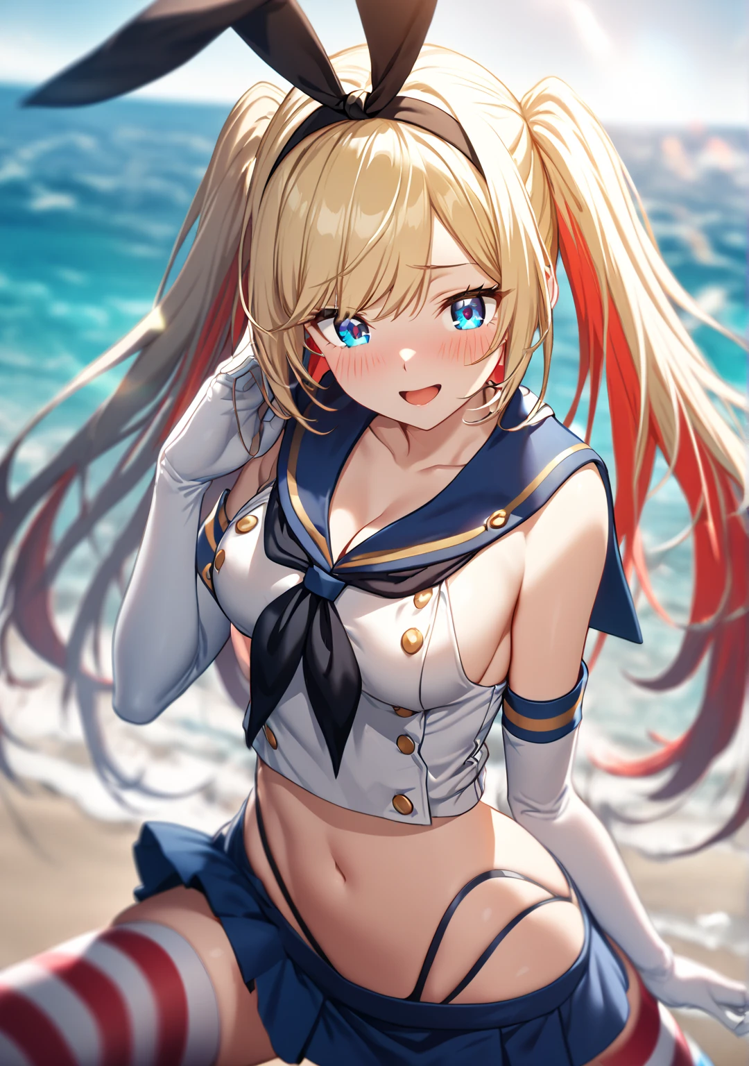 1 girl,Solo,masterpiece、Detailed beautiful face、Detailed beautiful eyes、hight resolution、An ultra-fine illustrations、extremely delicate and beautiful、top-quality、Slender and perfect style woman、(Chiquita),((sexy pose))、(The eyes are detailed and beautiful),Curvaceous、(shinny hair, Glossy eyes,),thighs thighs thighs thighs、Watch your audience、under the boobs、blushed、Blushing cheeks、(darkskinned:1.2),,((a blond、Bun head、Blue eyes)),(a sailor suit、a short skirt、Sleeveless、turtle neck)、small tits