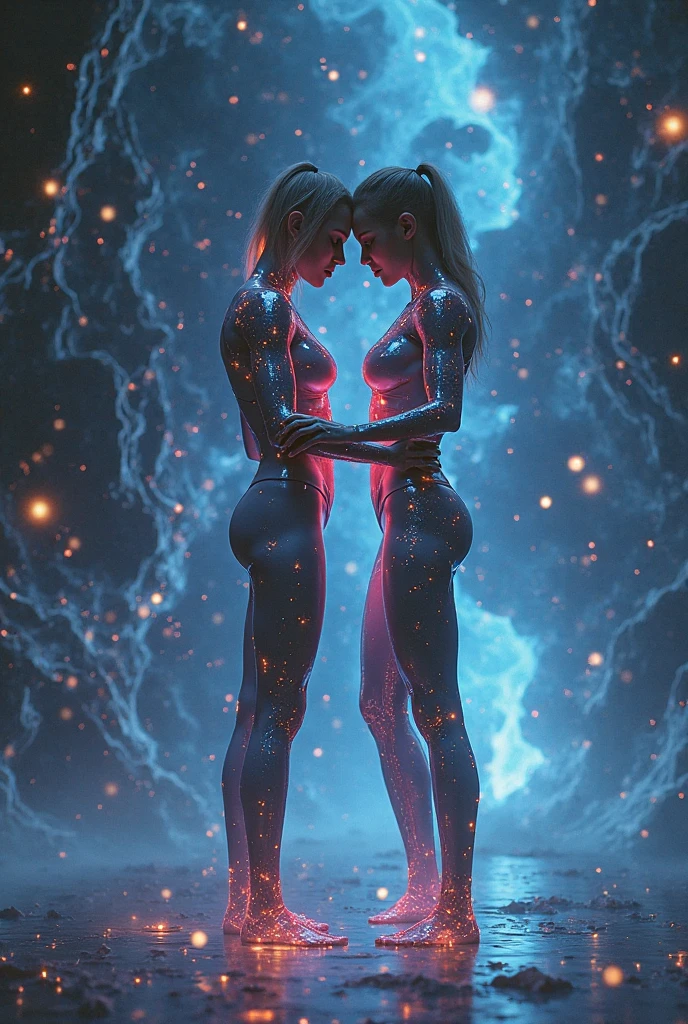 Masterpiece, Need for Good, 1 Man, Adult, Mature Woman, Tall Muscle Man, Dark Theme, Magic Array, Bubbles, Rainbow Sunlight, Underwater, Mirror, Floating Glass Sheets, Rainbow Light, Bubble Swirl, Wind Vortex, Aurora, Fantasy Landscape, Starlight Around the Character, (Upper Body), Naked on Upper Body, with a unicorn tattoo