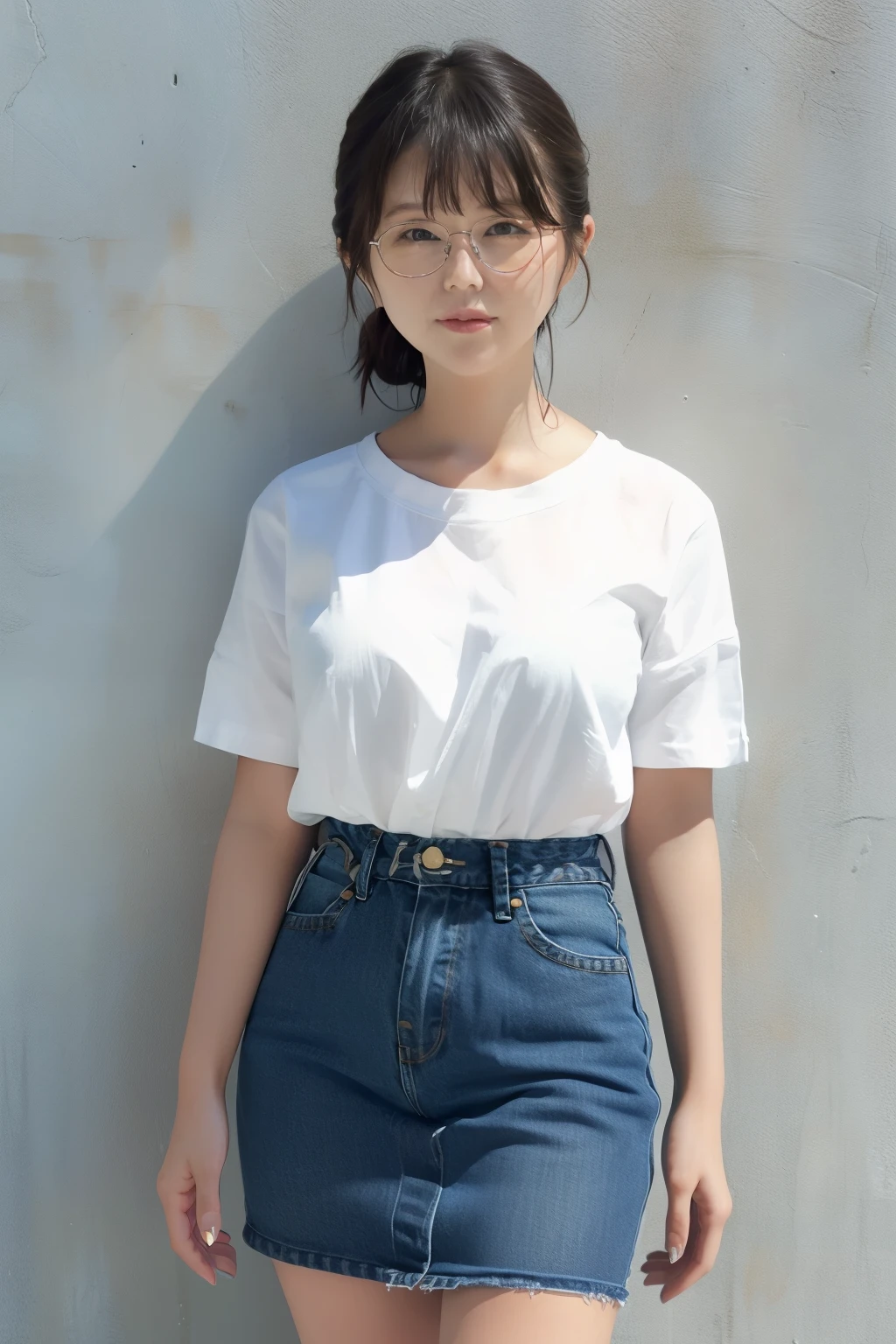 full body shot、30-year-old Japanese woman、Glasses、low ponytail、bungs、denim skirt、WhiteT shirt、SMALLE BREASTS、 (( No Background ))