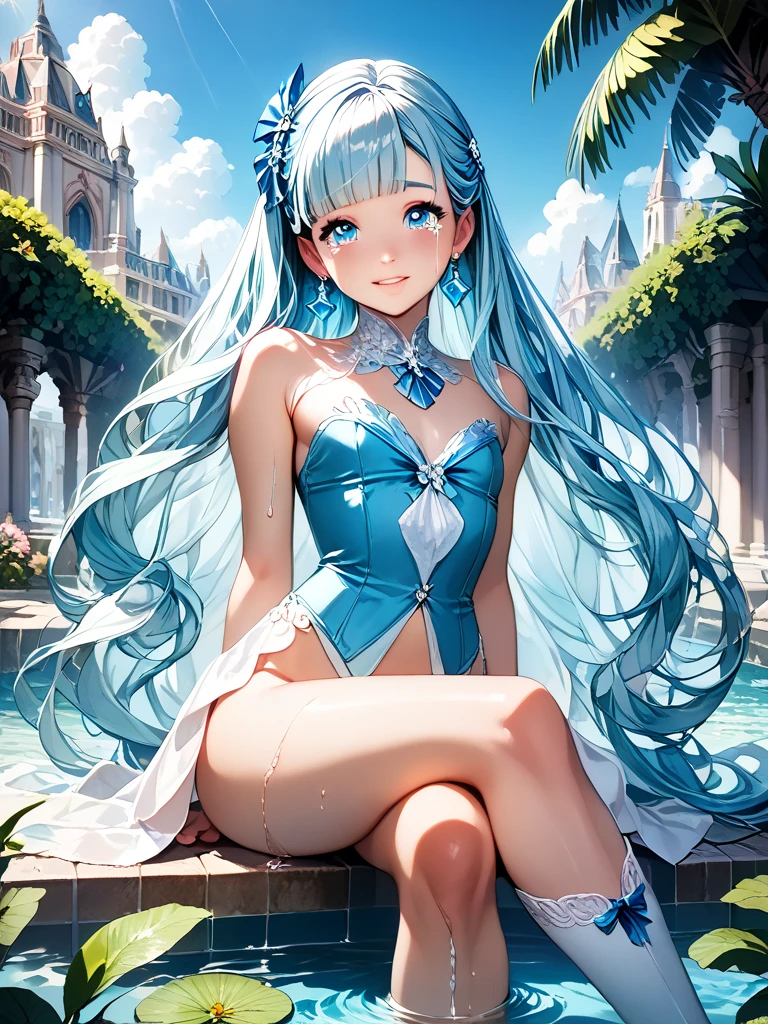 Light blue long hair、Beautiful girl with twin tails、Great smile、Bejeweled tiara、Big Diamond、White and red see-through leotard dress、A garden full of flowers、looking at the camera、Gemstone Splash Art、jewels shine、Rainbow aura above head
