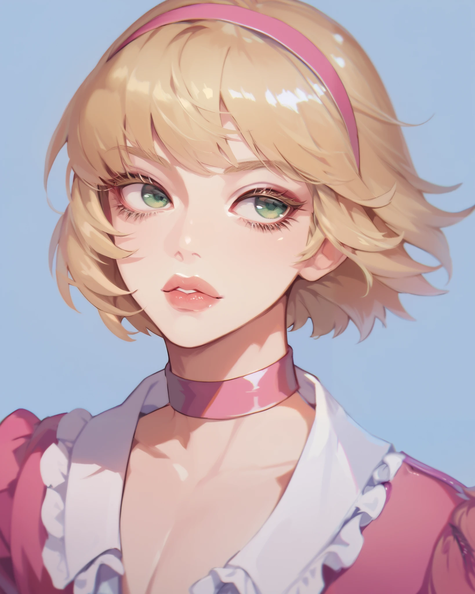1boy, solo, High Resolution, Simple background, Bangs, blonde Hair, streaked pink, Short Hair, curvy, man with feminine features, sissy, green eyes, long eyelashes, glossy lips, kwkm, sissy clotches, pink choker