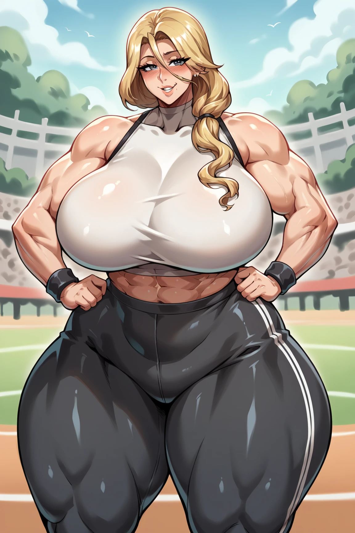 unparalleled masterpiece ever, ultra realistic 8k cg, erfect artwork, (1girl) , solo, ((The perfect female figure)), ((((Massive Female Bodybuilder:1.7)))), (((huge muscular ass))), ((wide hips)), (slim waist), (((wide shoulders))), ((((Huge breasts:1.5)))), (NSFW:1.5), Look at viewers, Bimbo (Android 18) is standing, (banter), top-quality , enchanting posture, sexy pose, enticing, (Beautiful face), (Curvaceous), (thick), blonde hair, (blue eyes), short hair, earrings, jewely, shinny skin、(HDR)、(street)、