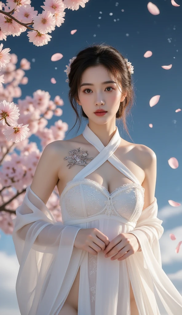 baggy clotheshoulders、Navel ejection、How to wear a skirt if the dark suspender tie  broken、Decorated with intricate patterns and pastel colors、Transparent material，Leave skin glowing、Artistic depiction of woman wearing wet cotton and transparent skin robe, Floral fantasy pattern paired with silky translucent skin。Her dress hugged her curves elegantly、Emphasize her captivating silhouette。She  the gentle night of fireworks、dynamicposes、lacivious pose、Bask in soft moonlight。The scene 、With a touch of mystery and sensibility、Exudes an ethereal and dreamy atmosphere。Image style 、It combines watercolor and digital illustration techniques.、Let you feel the exquisite beauty and charm。soft moonlight lighting、Casts soft highlights and shadows on her stunning features。dynamicposes、reach somewhere、see through、show through、Youn、Petals under the cherry blossom tree、Sakura NS、(cherry tree:1.5)、Sakura blizzard、funereal、Clean skin、dra、Translucent clothes、Upper body、garter net、the huge moon、Upper body photography、