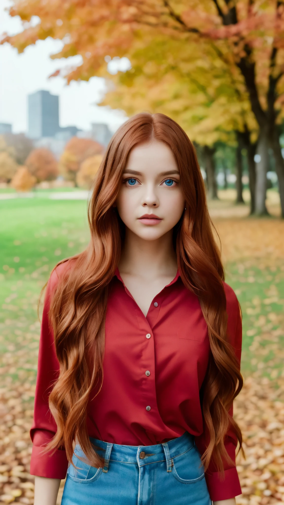 (Next portrait:1.2), barbpalv, a beautiful red-haired woman, perfect long hair , (wearing red shirt ), (city park, autumn:1.2), (analog, Cinematic camera, film grain), ((detailed eyes)), ( Color Image :1.1), Fujifilm XT3,