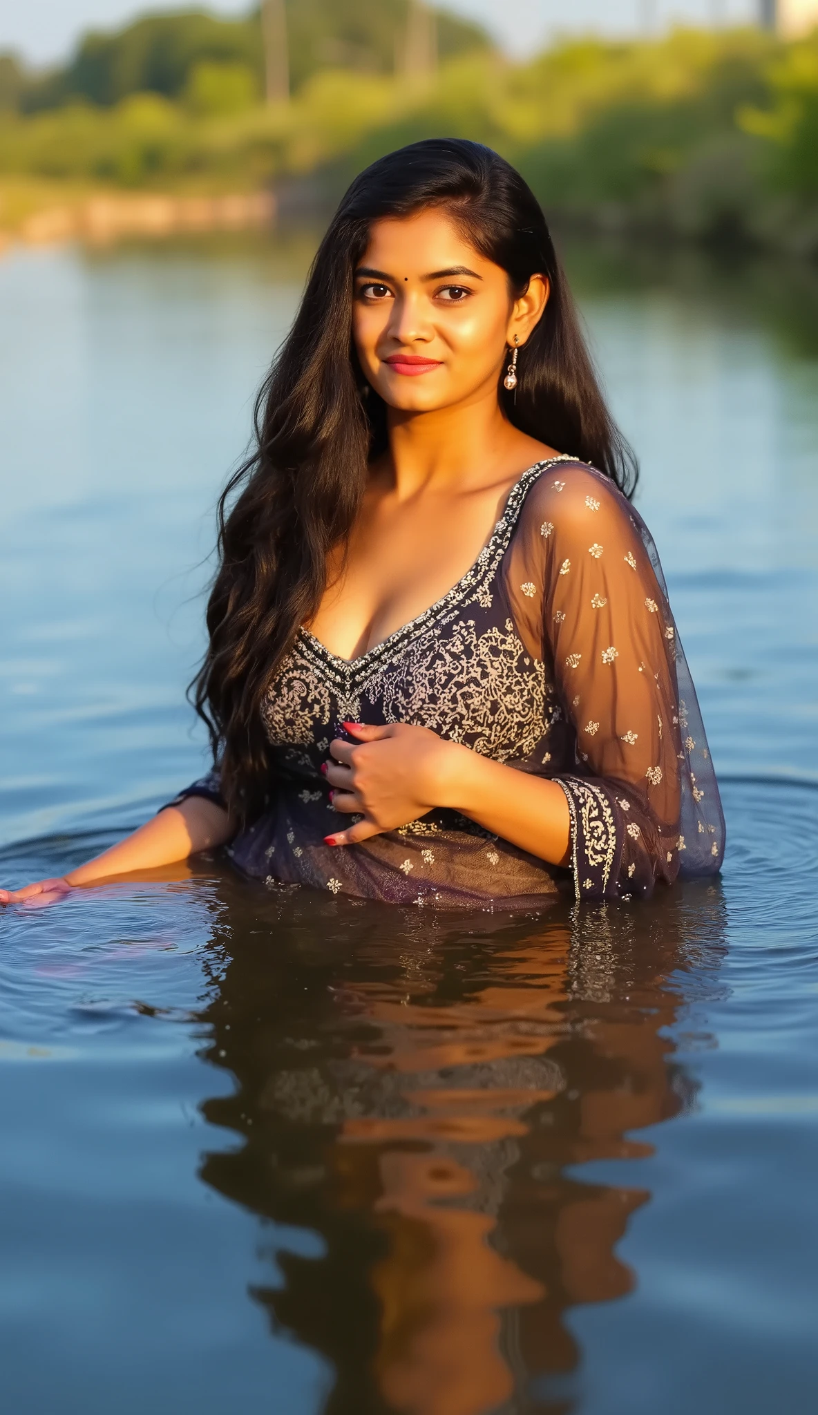 Copy of a woman with big breasts wearing a white transparent blouse ,wearing saree , downblouse creating cleavage , in water , bathing in the river ,extremely detailed face , beautiful detailed eyes , beautiful detailed lips , extremely detailed skin texture , intricate saree patterns , masterfully volumetric and tactile rendering , cinematic dramatic lighting , rich color palette , hyper-realistic , 8k , photorealistic , award-winning digital art