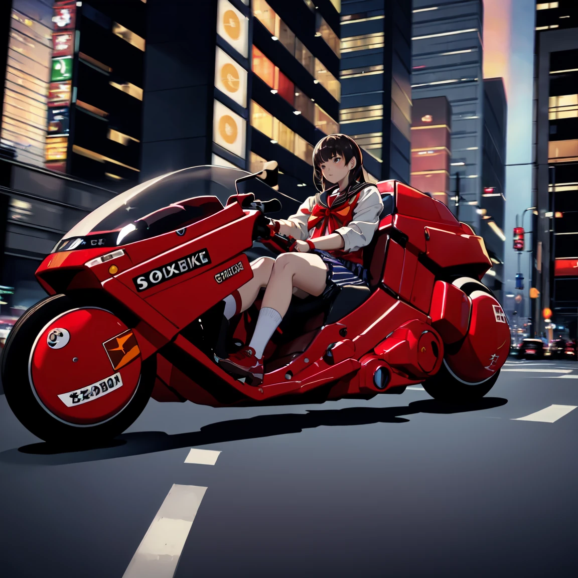 masterpiece,high quality,
<lora:kanedabike003:0.7>,
kanedabike,bigscooter,
science fiction,cyberpunk,
very low seat,science fiction,cyberpunk,low ride height,step is front,
1girl,(bikini:1.2),driving,
cityscape,building,street,night,sky,city lights,