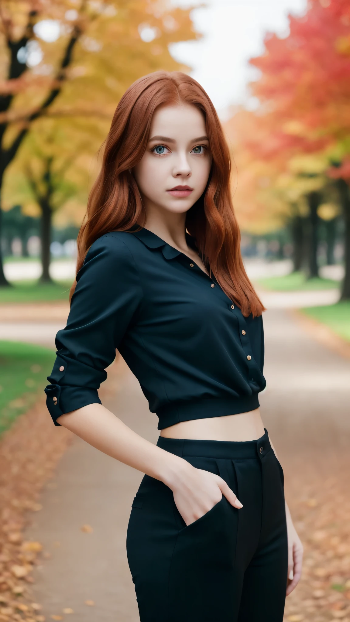 (Next portrait:1.2), barbpalv,  a beautiful red-haired woman,  perfect long hair , (usando black blouse And Pants), (city park, autumn:1.2),  (analog, Cinematic camera,   film grain), ((detailed eyes)), (  Color Image  :1.1), Fujifilm XT3,   