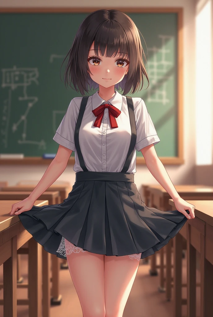 1 girl, 16 years old, Dynamic posing, dynamic angle, Arrange pose,Top quality work，Show Legs，(short black hair),(blue eyes), Rose cheeks, Pretty Face, A perfectly proportioned face, school white shirt with red bow and black skirt, (school uniform), (school white shirt), white stockings，school, in classroom, smilling, hugging the viewer