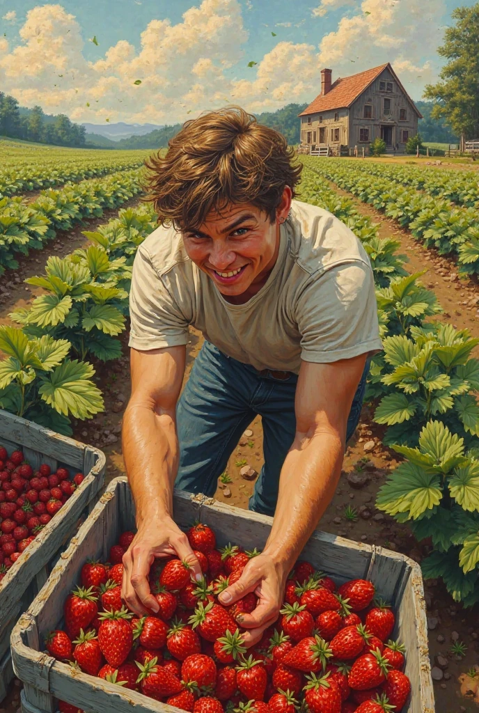 Young cute handsome white skinny beautiful face soft skin without shirt naked big penis in a strawberry garden in a basket hat cute man's butt