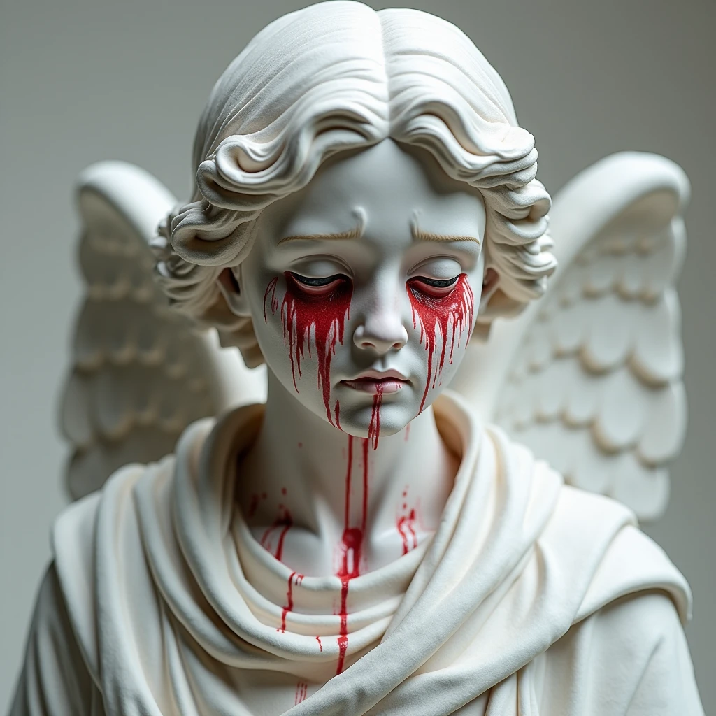 (Best image quality, 4k, 8k, high definition, masterpiece: 1.2), ultra detailed, (natural, natural, natural: 1.37) 。ink splatter, paint splatter (portrait sculpture SATAN SITTING ON A ROCK WITH ADAM IN HER ARMS AND CRYING, AT THE FEET OF SATAN STA EVE CRYING3D, pure white sculpture, marble sculpture, broken, red tears, eyes closed, forehead held high, put a seal on your mouth), (still life table, fabric dark background, rose petals scattered on the counter, mess