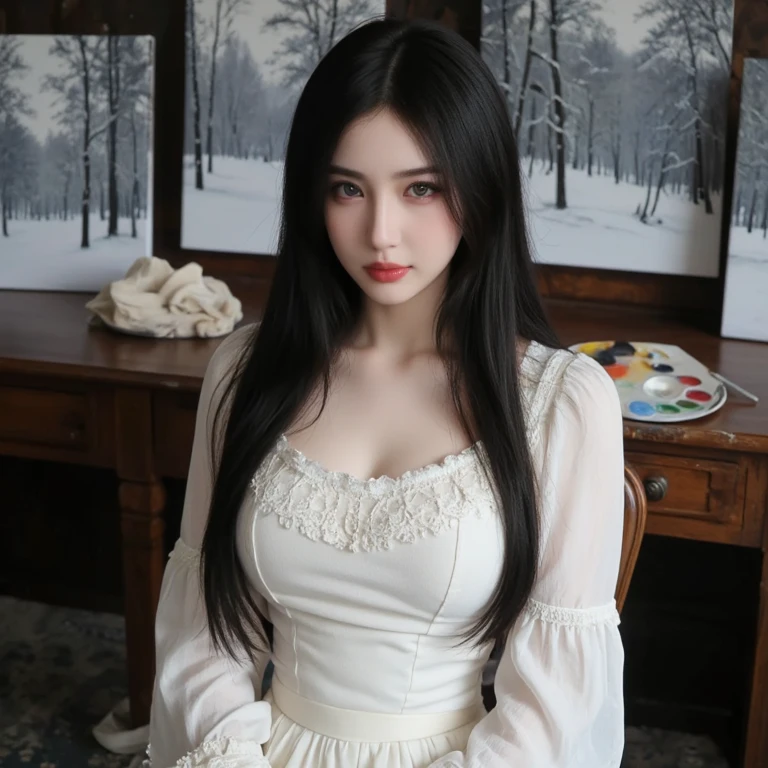 Beautiful black-haired girl with brown eyes and long hair in white dress with elegant flowers in an old house photo shoot 