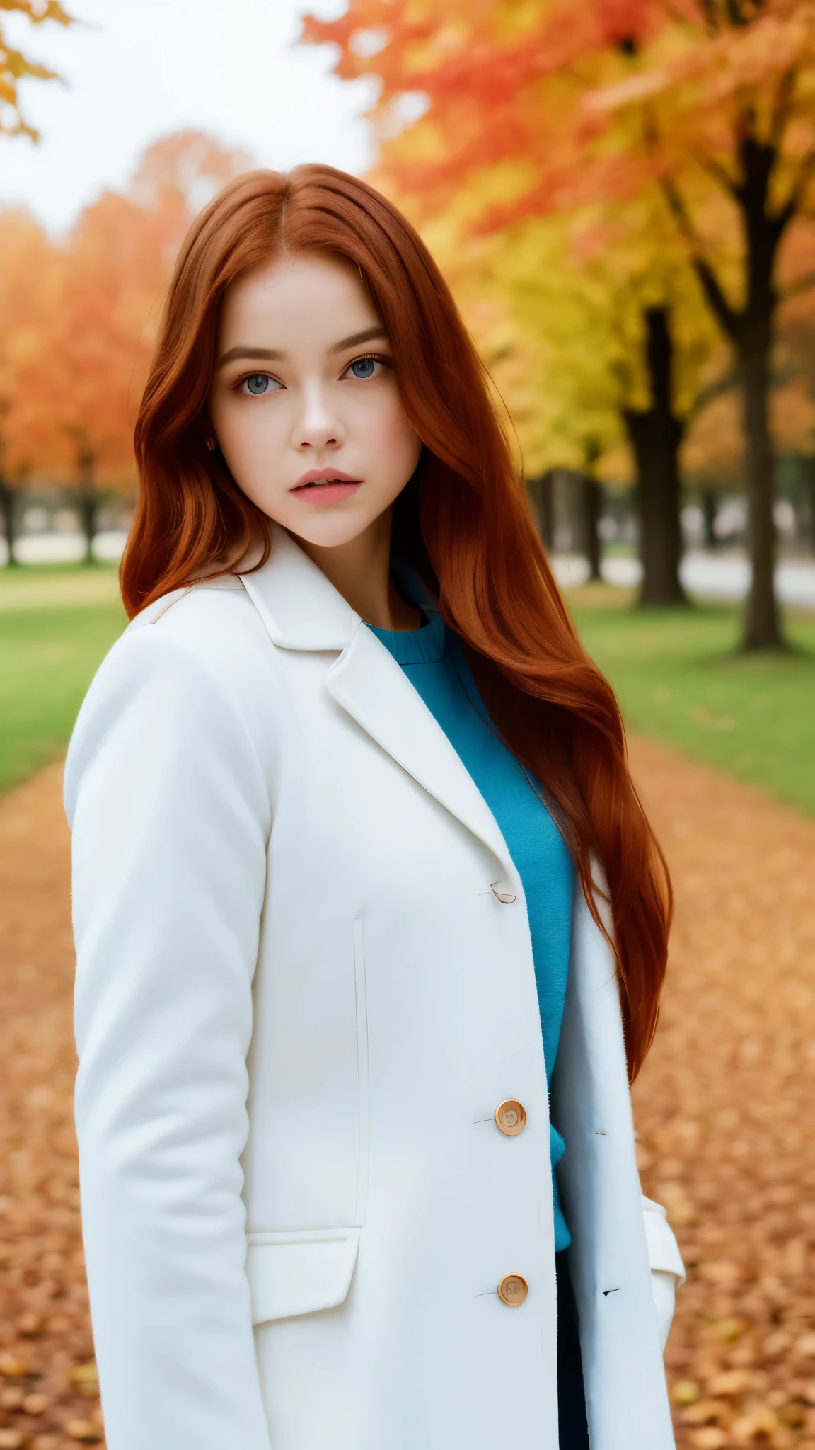 (Next portrait:1.2), barbpalv, a beautiful red-haired woman, perfect long hair , (usando White Coat), (city park, autumn:1.2), (analog, Cinematic camera, film grain), ((detailed eyes)), ( Color Image :1.1), Fujifilm XT3,