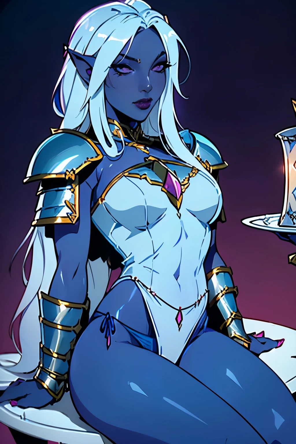 Solo, female, ((dark skin)), ((satin blue skin)), ((small breasts)), (plate mail armor), sitting on chair, ((fantasy tavern)), (lipstick, eyeliner, eyelashes, mature female), bard, hands behind back, slong white hair, ((flashing panties))