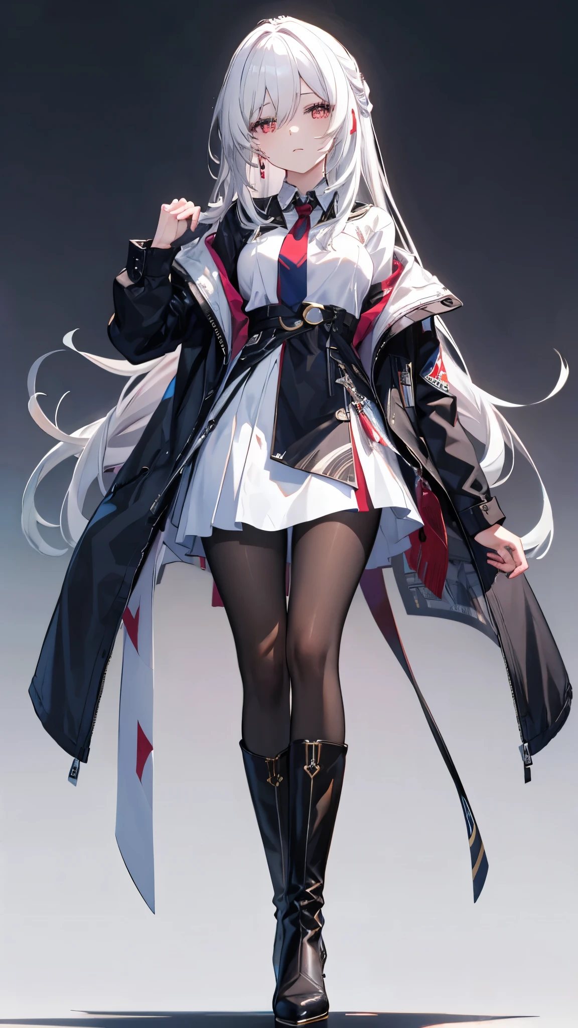 long white hair,She is wearing a white shirt,white pantyhose,white boots,120d pantyhose,Black Jacket