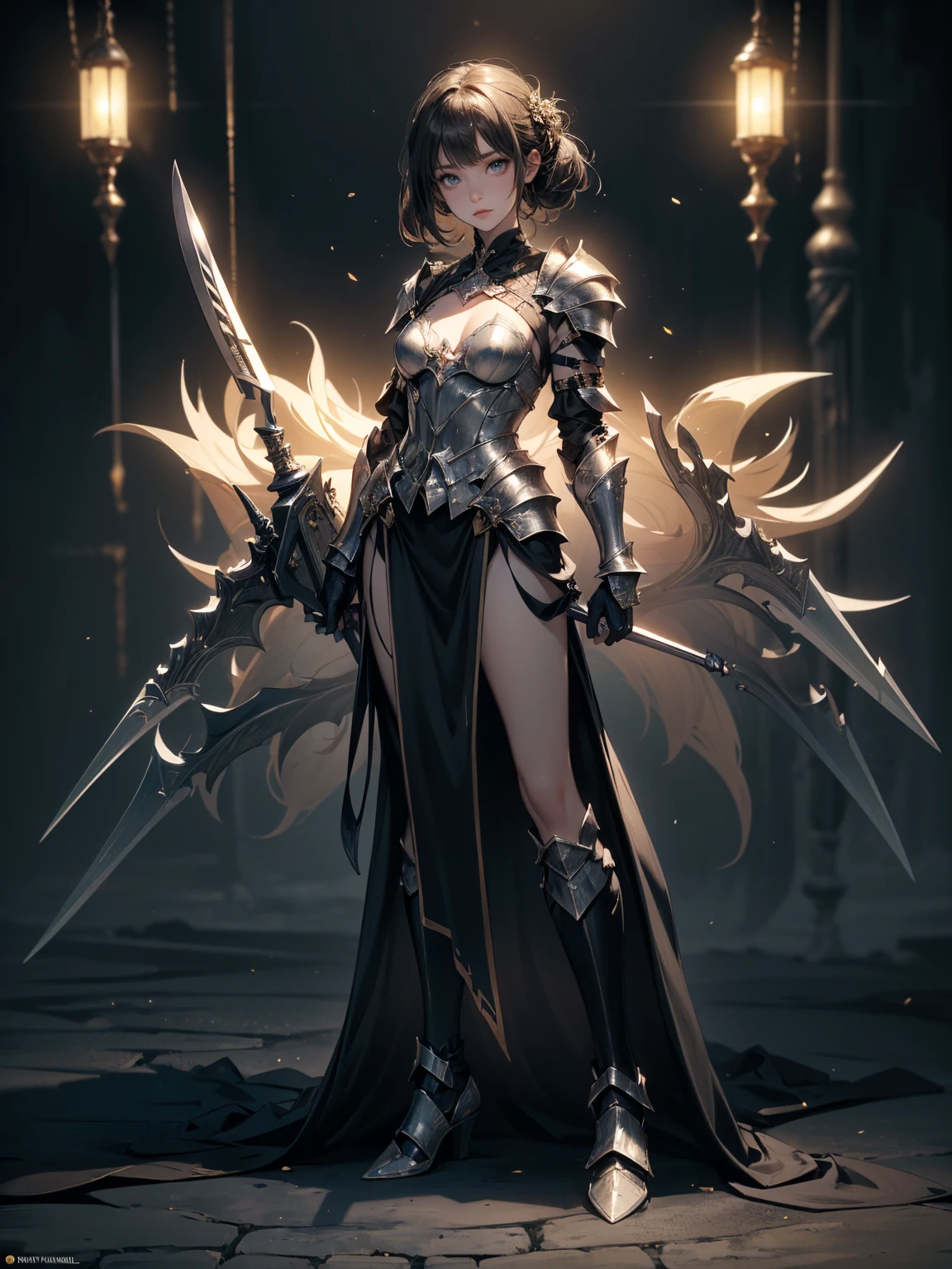 (((masterpiece, best quality, high detailed, 8k))) Design a layout showcase Gaming character, (1girl). Black|Gold clothes, stylish and unique. ((showcase weapon:1.4)), dark scythe. (masterpiece:1.2), (best quality), 4k, ultra-detailed. (Step by step design, layout art:1.5), (luminous lighting, atmospheric lighting). necromancer, ((glove full hands)), (((revealing clothes:1.3))), vambraces, armored legwear, (((full_body_shot:1.4))). {In a haunted graveyard}.