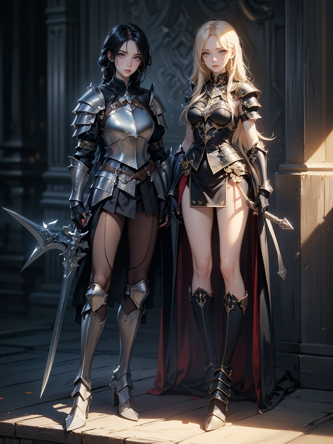 (Full body shot:1.3), Must show your face, anatomy correct, Stocking tights must be worn, Characters wear polished medieval knightly armor of any color and hold warhammers,Polished ,Complex and diverse campus background,Strangling effect, High-heeled leather shoes, anklet, leg loops, collars, Heavy makeup, A shallow laugh, hyper HD, Ray traching, structurally correct, Award-Awarded, high detal, lightand shade contrast, Face lighting,cinmatic lighting, tmasterpiece, super detailing, high high quality, high detal, best qualityer, 16k