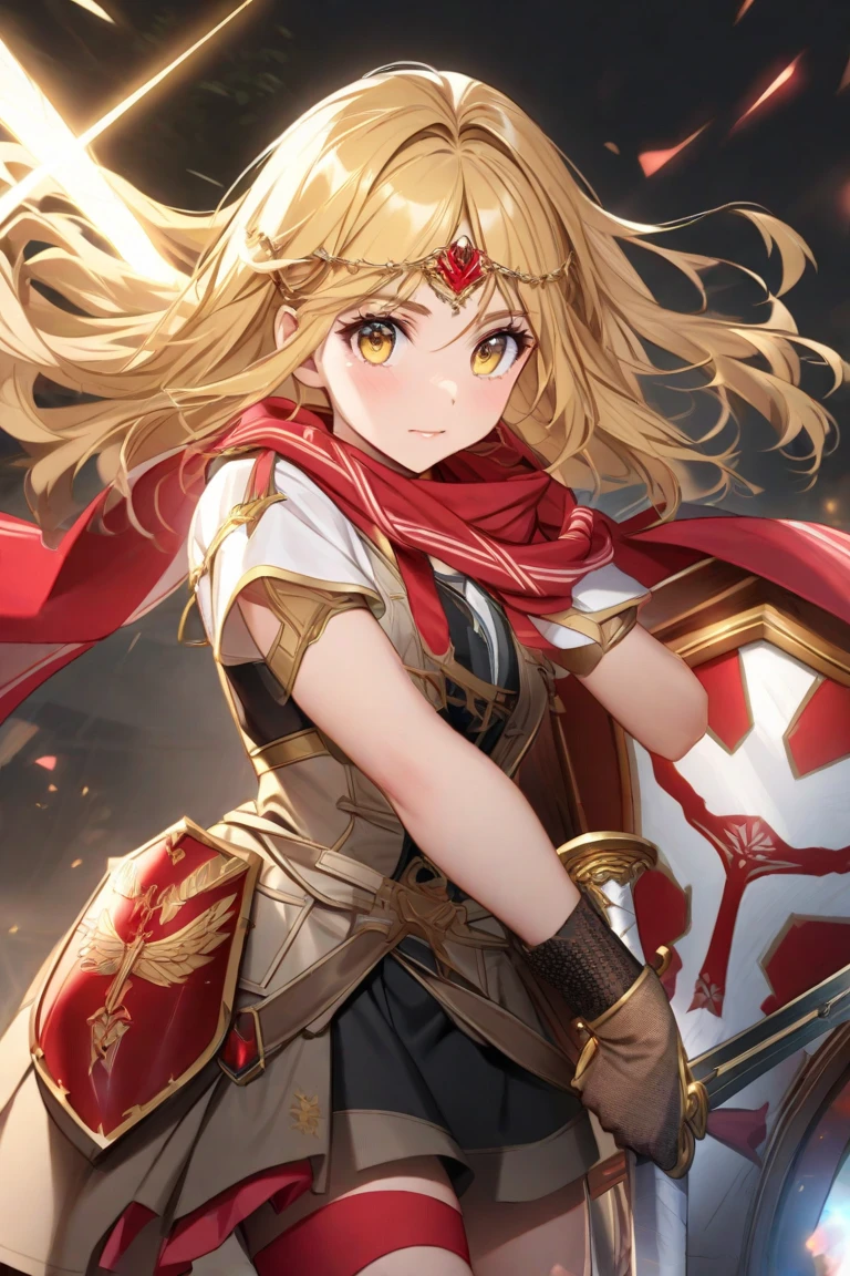 realistic, (masterpiece, top quality, best quality, official art, beautiful and aesthetic:1.2), extremely detailed,(1girl:1.3),cowboy shot,(looking at viewer),(holding single weapon:1.3),holding EA, Holding Sword of Rapture, pointing weapon at sky, from middle,black background,(night:1.2),
filmg, amused expression, JunkoenoshimaTopless, solo, and long, thick, bleached strawberry-blonde hair tied in two twin pigtails, (heterochromia light blue and red eyes:1.2), 1girl, jewelry, standing, earrings, necklace, armor, tattoo, topless, Gold armor, shirtless, gold clingon bra, single gold gauntlet,shoulder armor,elbow gloves, shoulder armor, gold cardigan over a red dress shirt, with both left open to the third button to expose the top of her gold-and-red bra, a red pleated miniskirt that is cut extremely short, and mid-sized gold and black boots with platform heels and red laces, standing, full body portrait