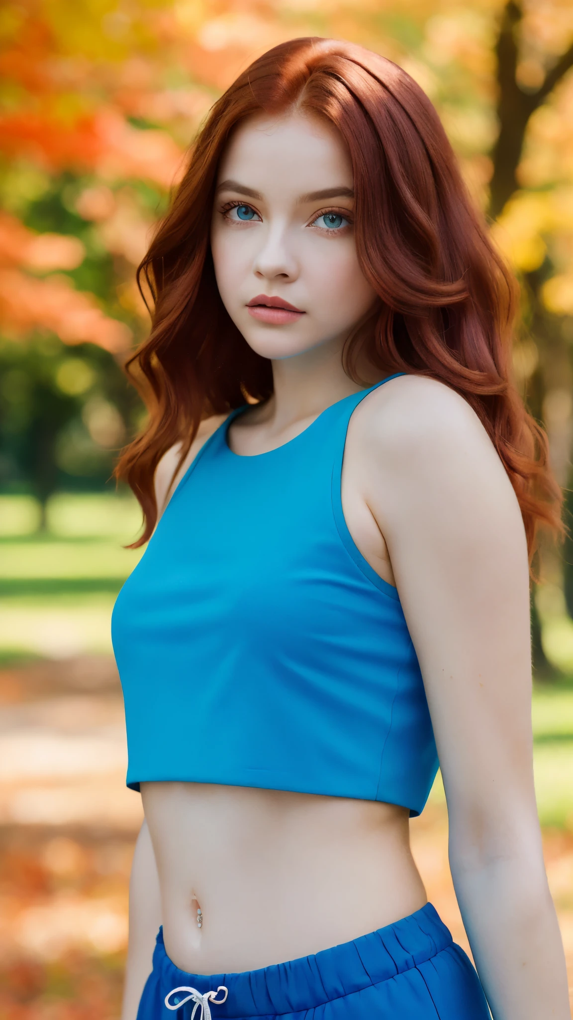 (Next portrait:1.2), barbpalv, a beautiful red-haired woman, perfect long hair , (usando Blue Cropped Top And Pants), (city park, autumn:1.2), (analog, Cinematic camera, film grain), ((detailed eyes)), ( Color Image :1.1), Fujifilm XT3,