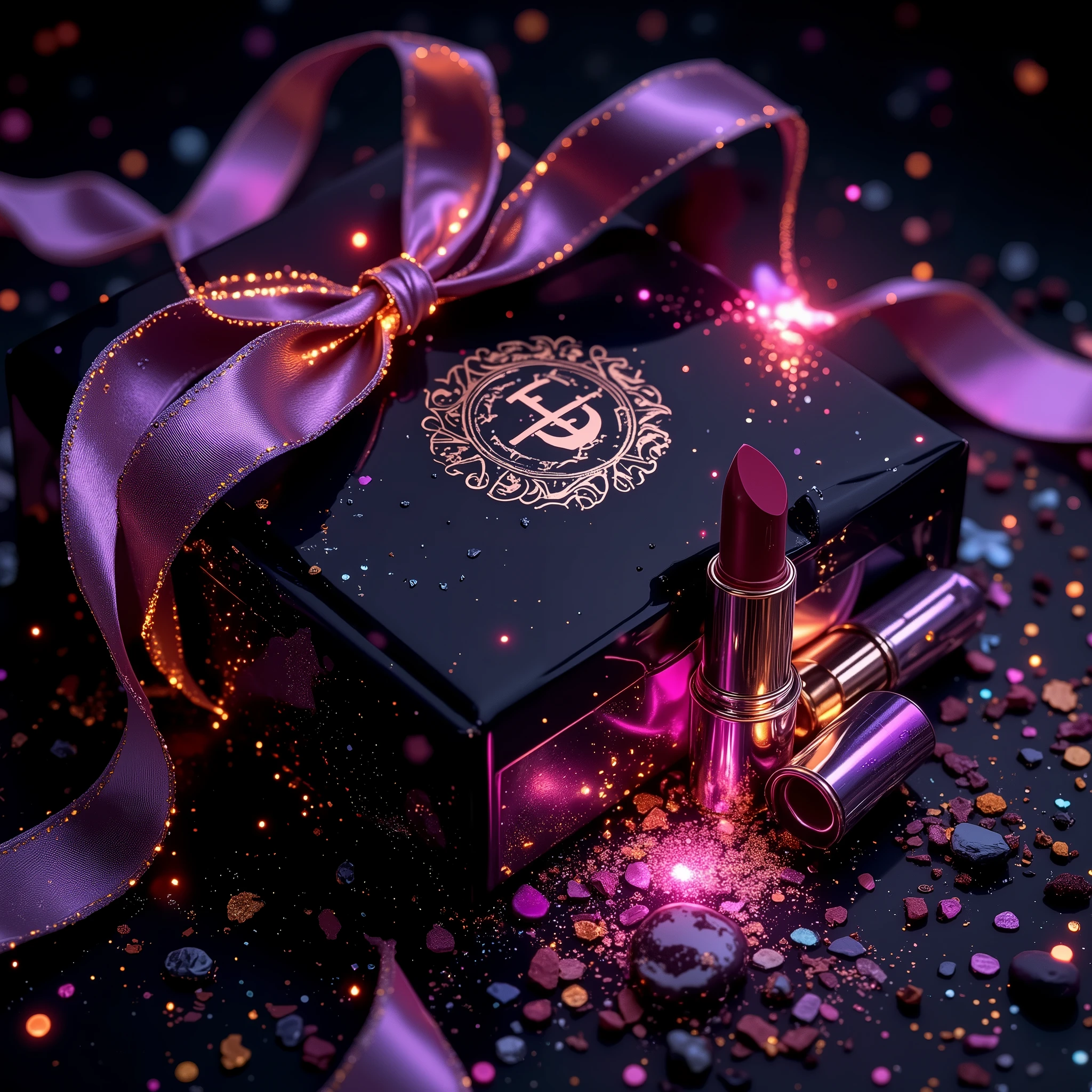 A luxury gift box with a glossy black surface and an embossed brand logo, wrapped with a silk ribbon that glows vibrantly. The high-end lipstick products feature a metallic paint finish with reflective highlights. Scattered decorative elements, including small colorful particles, add elegance to the scene. Subtle neon highlights outline the ribbons and lipstick, while soft luminous glow enhances the realism. Tiny sparkling particles surround the lipsticks, creating a sophisticated aura. Digital distortion effects add an avant-garde touch to the brand logo and reflections. The image is rendered in photorealism with airbrushing and glazing techniques for a hyper-detailed, high-resolution, and cinematic finish.