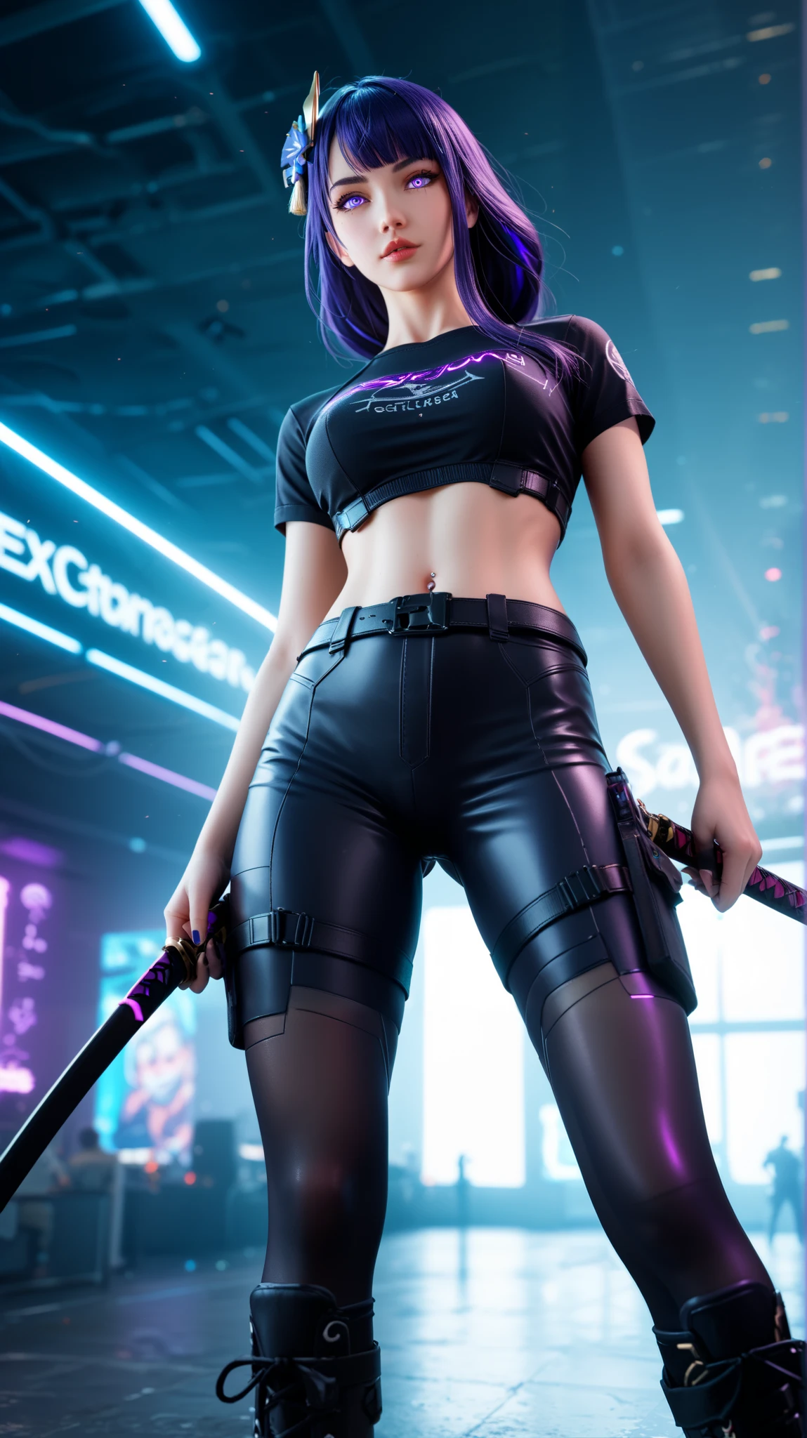 Raiden Shogun from Genshin Impact wearing a futuristic tactical cyberpunk outfit: a black cropped T-shirt with neon green details, a tight corset-style belt, and black tactical cargo pants with green cyberpunk accents. She wears heavy-duty combat boots with metallic buckles, adding a rugged and powerful aesthetic. A sleek black mask with glowing green lines covers her lower face, enhancing her mysterious aura. Her short, layered purple hair frames her piercing violet eyes, which glow with Electro energy. She stands in a futuristic urban setting with towering glass structures and metallic architecture in the background. With a commanding stance, she places one hand on her hip while the other slowly draws her glowing Electro katana from her chest. Sparks of violet lightning surge around the blade, casting dramatic shadows and reflections on the polished ground. The scene is illuminated by moody cyberpunk lighting, with a high-contrast black-and-white background except for the glowing green and purple hues. Shot with a Sony A7R IV and a 35mm f/1.4 lens, cinematic cyberpunk aesthetic, ultra-detailed textures, dynamic low-angle composition, dramatic lighting, and high-contrast effects --ar 16:9 --v 6 --style raw --q 2 --s 750