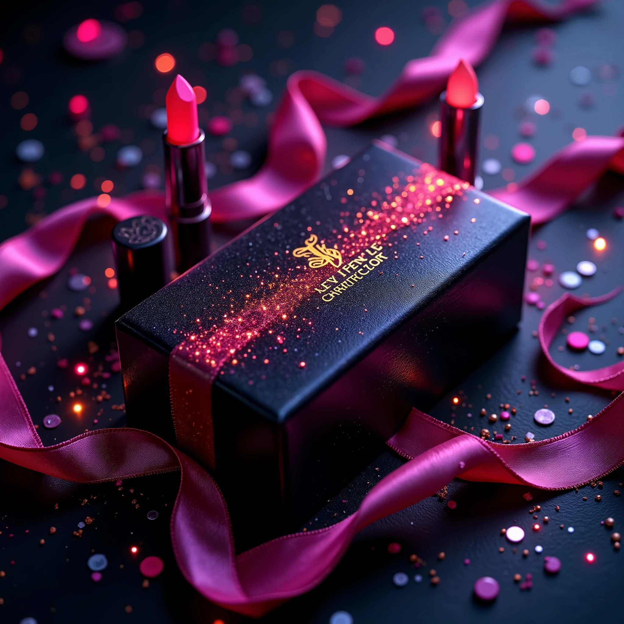 A luxury gift box with a glossy black surface and an embossed brand logo, wrapped with a silk ribbon that glows vibrantly. The high-end lipstick products feature a metallic paint finish with reflective highlights. Scattered decorative elements, including small colorful particles, add elegance to the scene. Subtle neon highlights outline the ribbons and lipstick, while soft luminous glow enhances the realism. Tiny sparkling particles surround the lipsticks, creating a sophisticated aura. Digital distortion effects add an avant-garde touch to the brand logo and reflections. The image is rendered in photorealism with airbrushing and glazing techniques for a hyper-detailed, high-resolution, and cinematic finish.