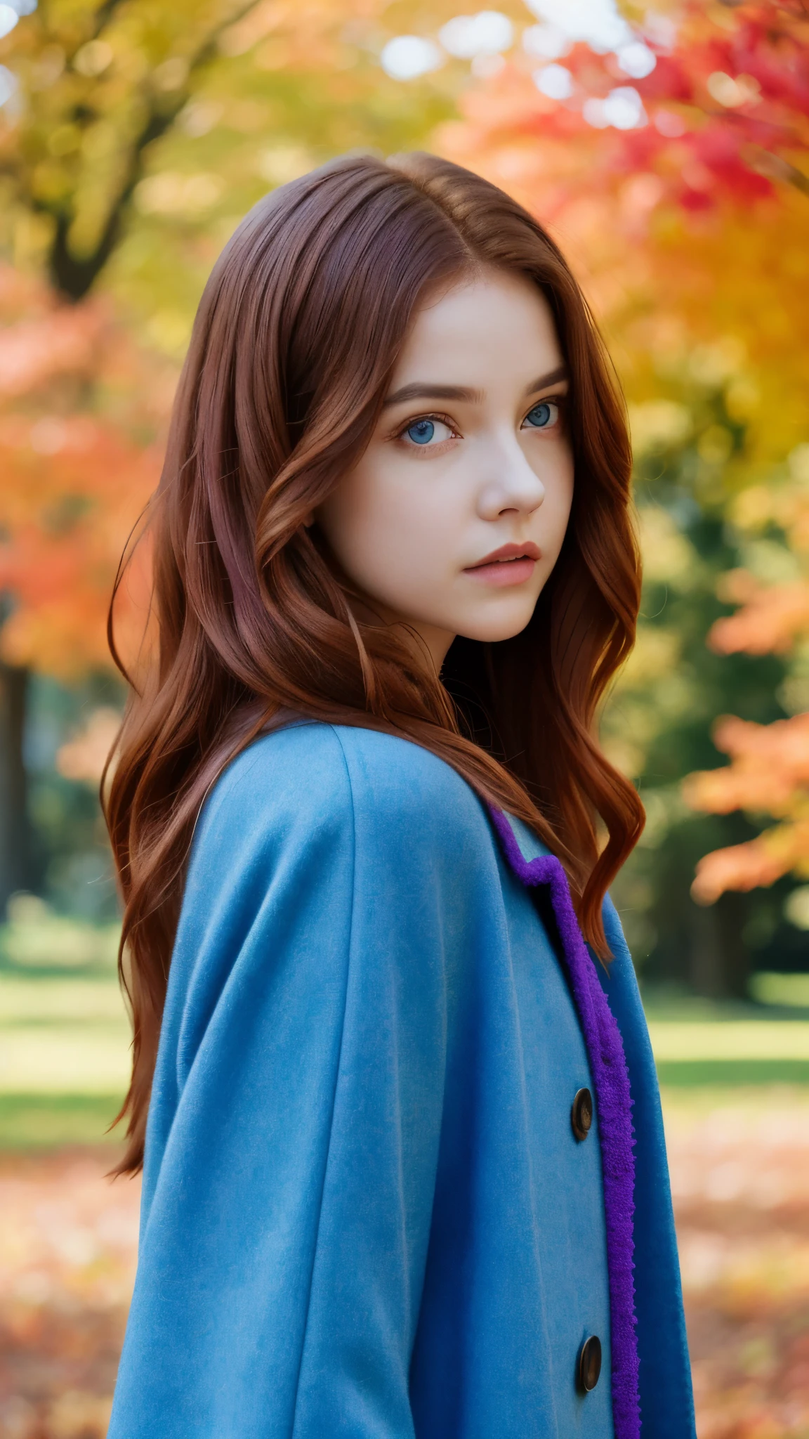 (Next portrait:1.2), barbpalv, a beautiful red-haired woman, perfect long hair , (usando Purple Sleeves Coat ), (city park, autumn:1.2), (analog, Cinematic camera, film grain), ((detailed eyes)), ( Color Image :1.1), Fujifilm XT3,