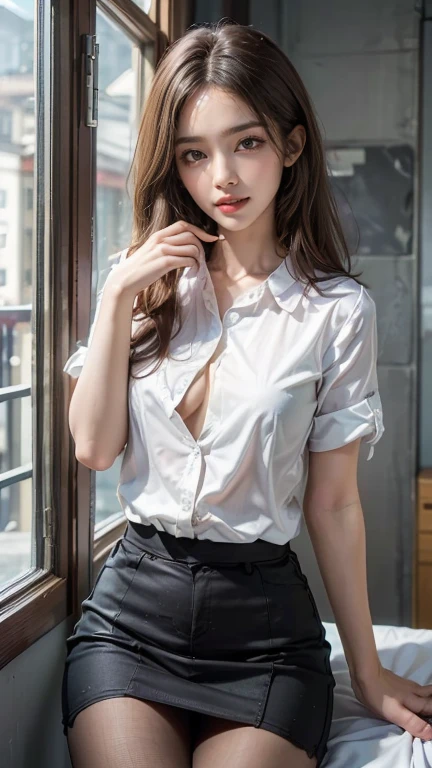 ((1girl)),in naked, pose at Library, makeup with glossy lip, small breasts, (black pleated skirt and deep V white shirt:1.4), various angle, ((face focus)), 22 years old, Beautiful Korean Girl, ((standing)) pose, (nsfw:1.4), cleverage