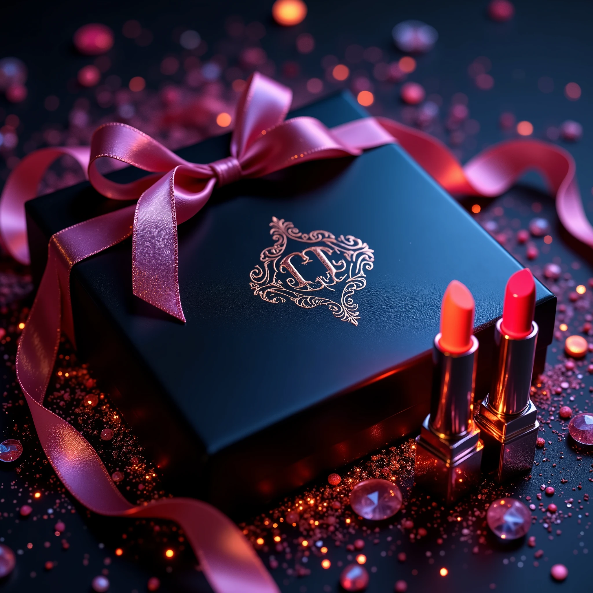 A luxury gift box with a glossy black surface and an embossed brand logo, wrapped with a silk ribbon that glows vibrantly. The high-end lipstick products feature a metallic paint finish with reflective highlights. Scattered decorative elements, including small colorful particles, add elegance to the scene. Subtle neon highlights outline the ribbons and lipstick, while soft luminous glow enhances the realism. Tiny sparkling particles surround the lipsticks, creating a sophisticated aura. Digital distortion effects add an avant-garde touch to the brand logo and reflections. The image is rendered in photorealism with airbrushing and glazing techniques for a hyper-detailed, high-resolution, and cinematic finish.